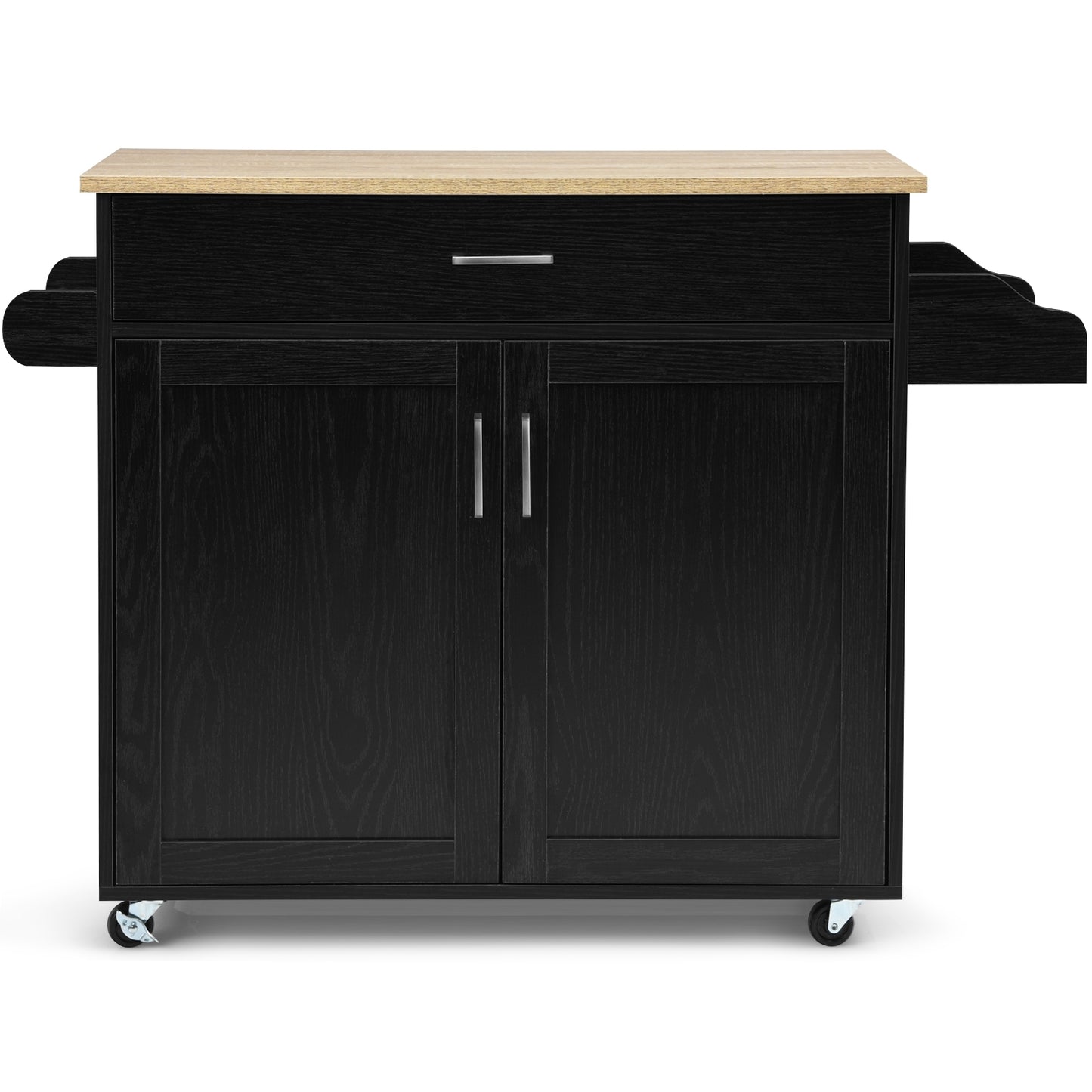 Mobile Kitchen Island Cart with Integrated Towel and Spice Racks in Black