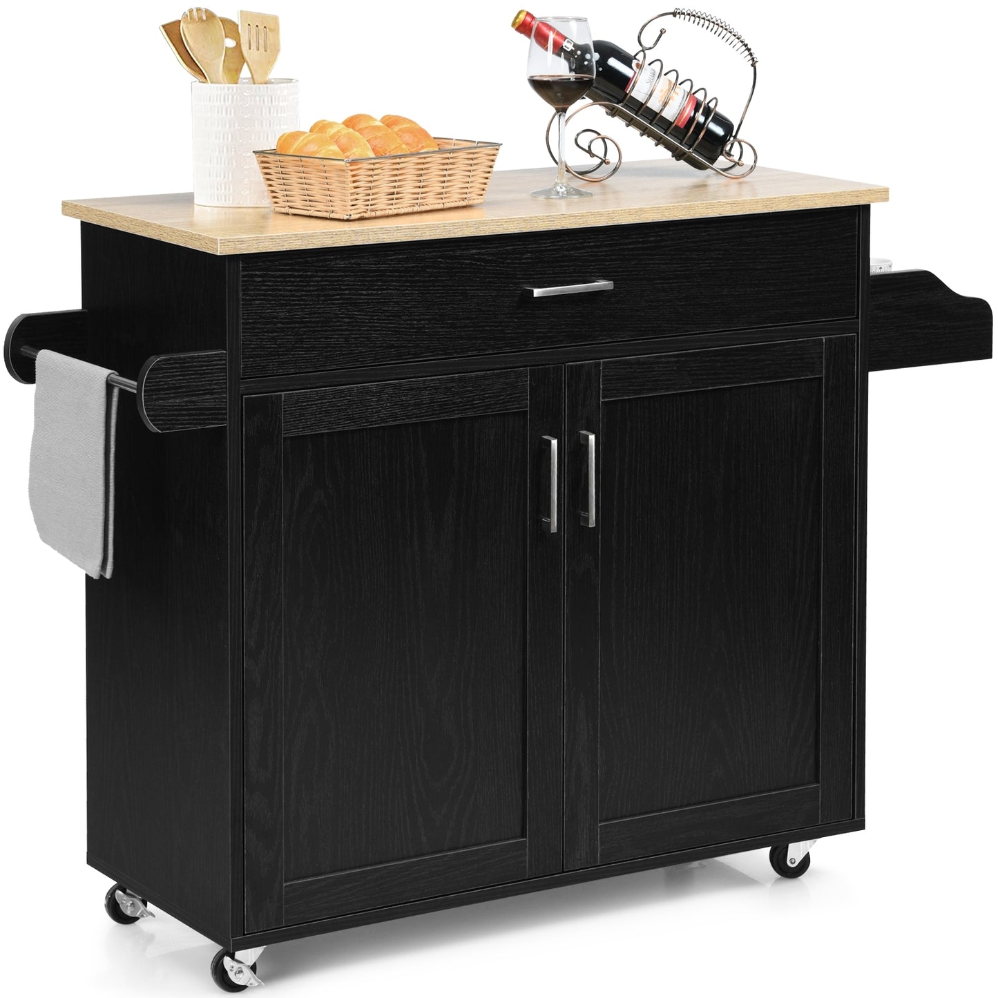 Mobile Kitchen Island Cart with Integrated Towel and Spice Racks in Black