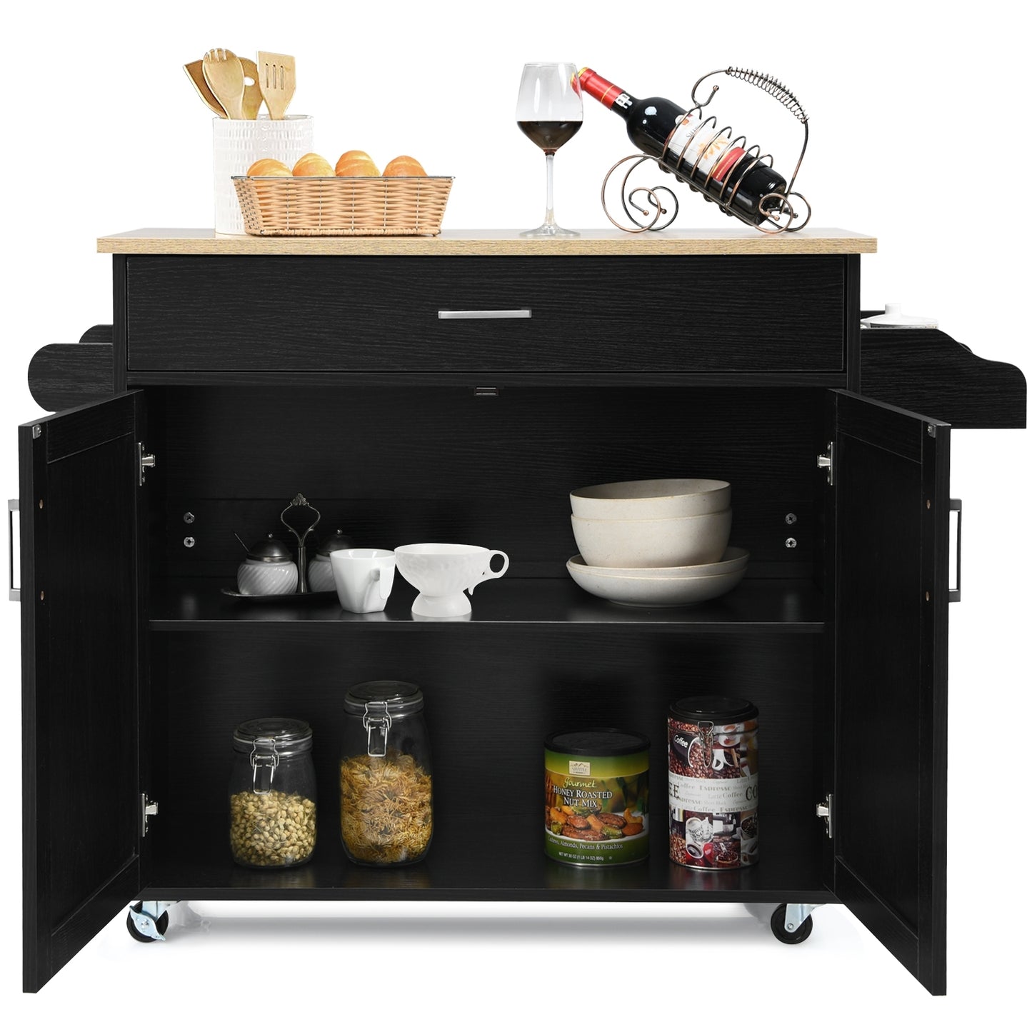 Mobile Kitchen Island Cart with Integrated Towel and Spice Racks in Black