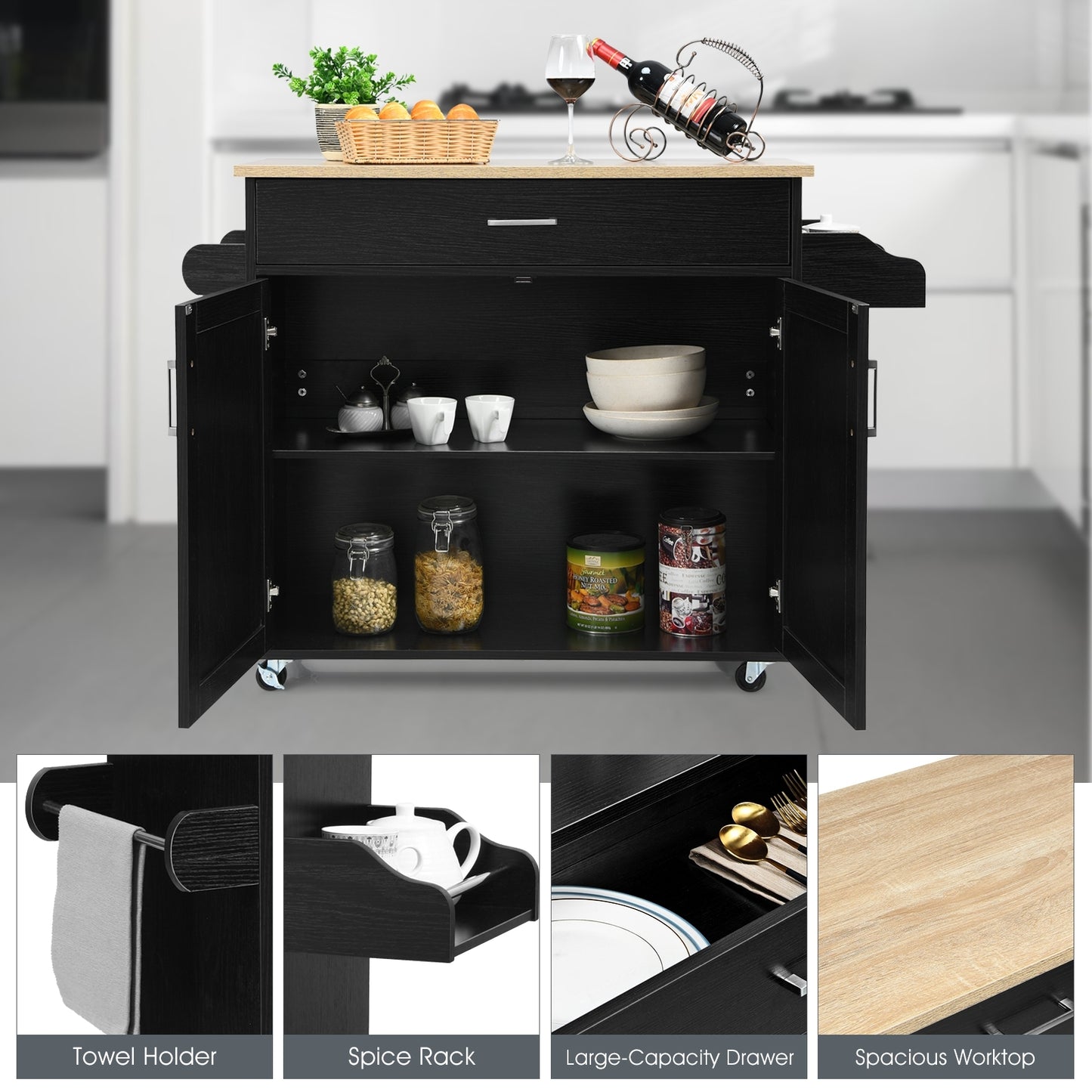 Mobile Kitchen Island Cart with Integrated Towel and Spice Racks in Black