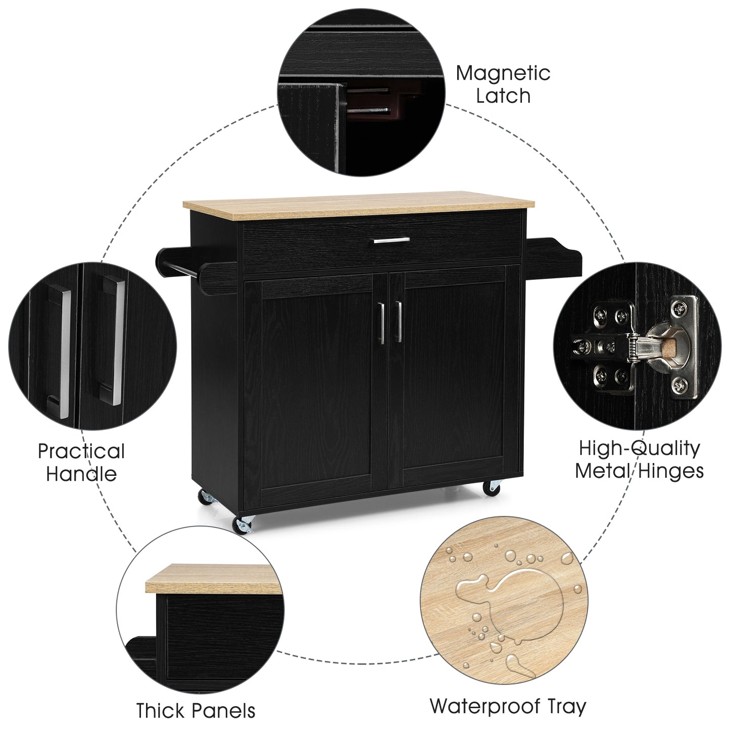 Mobile Kitchen Island Cart with Integrated Towel and Spice Racks in Black