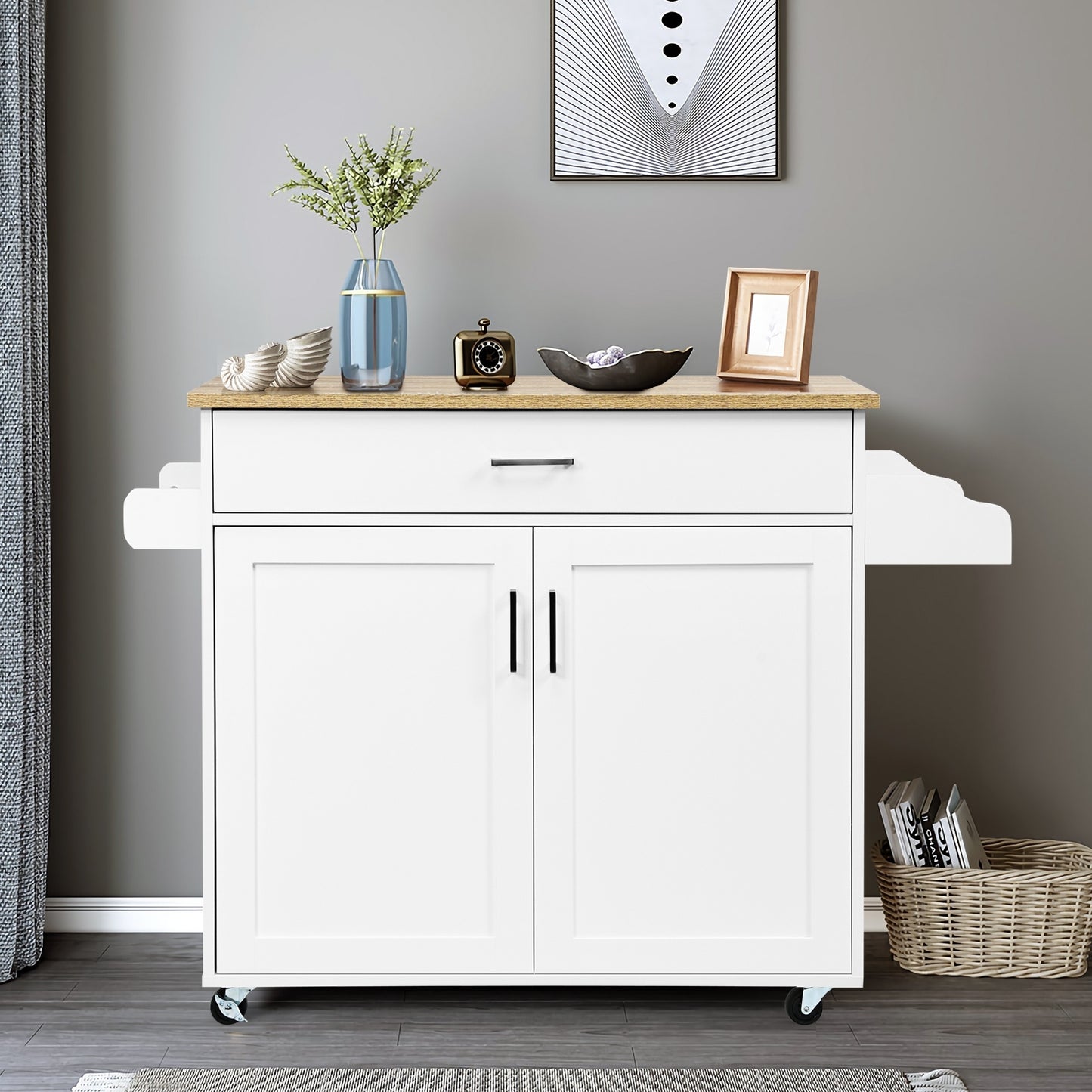 Mobile Kitchen Island Cart with Integrated Towel and Spice Racks in White