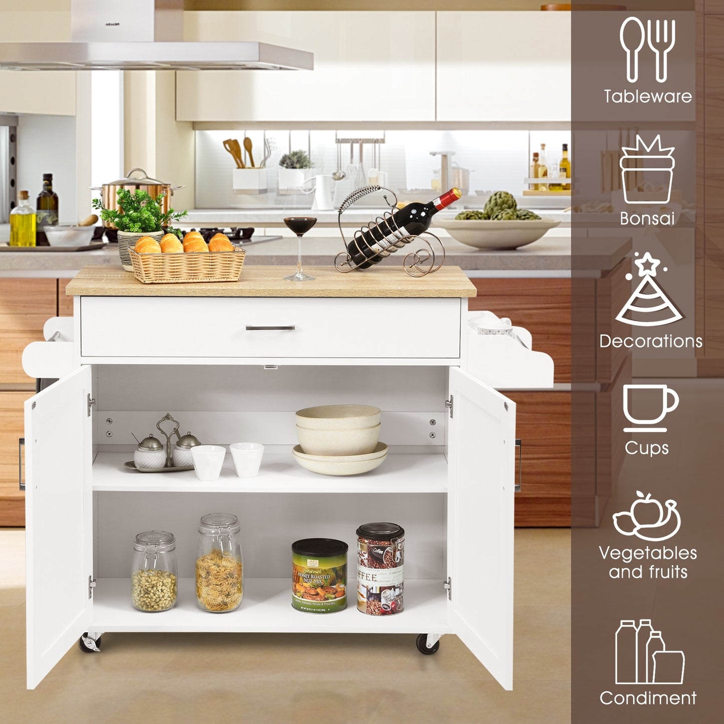 Mobile Kitchen Island Cart with Integrated Towel and Spice Racks in White