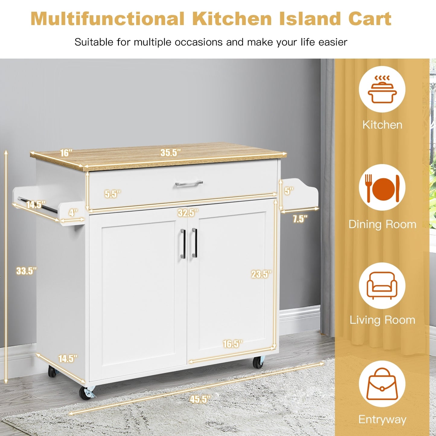 Mobile Kitchen Island Cart with Integrated Towel and Spice Racks in White