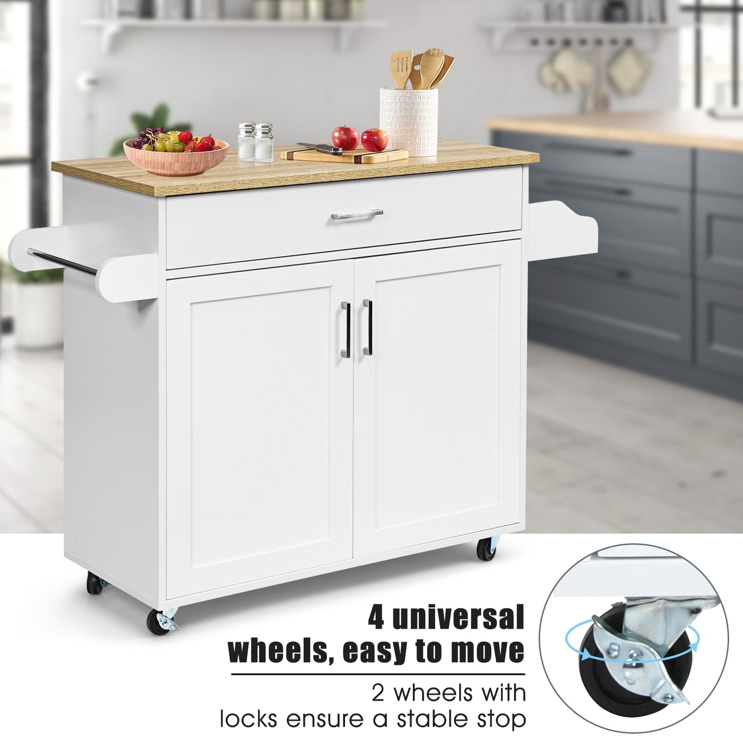Mobile Kitchen Island Cart with Integrated Towel and Spice Racks in White