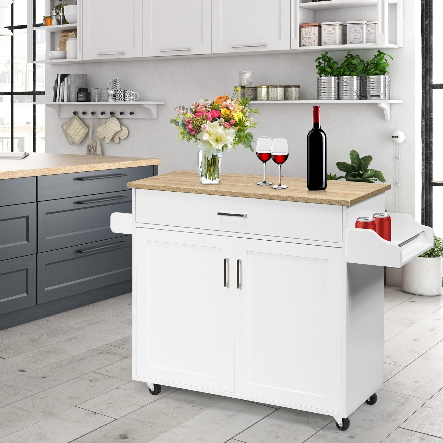 Mobile Kitchen Island Cart with Integrated Towel and Spice Racks in White