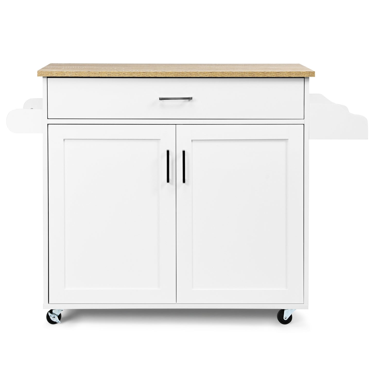 Mobile Kitchen Island Cart with Integrated Towel and Spice Racks in White