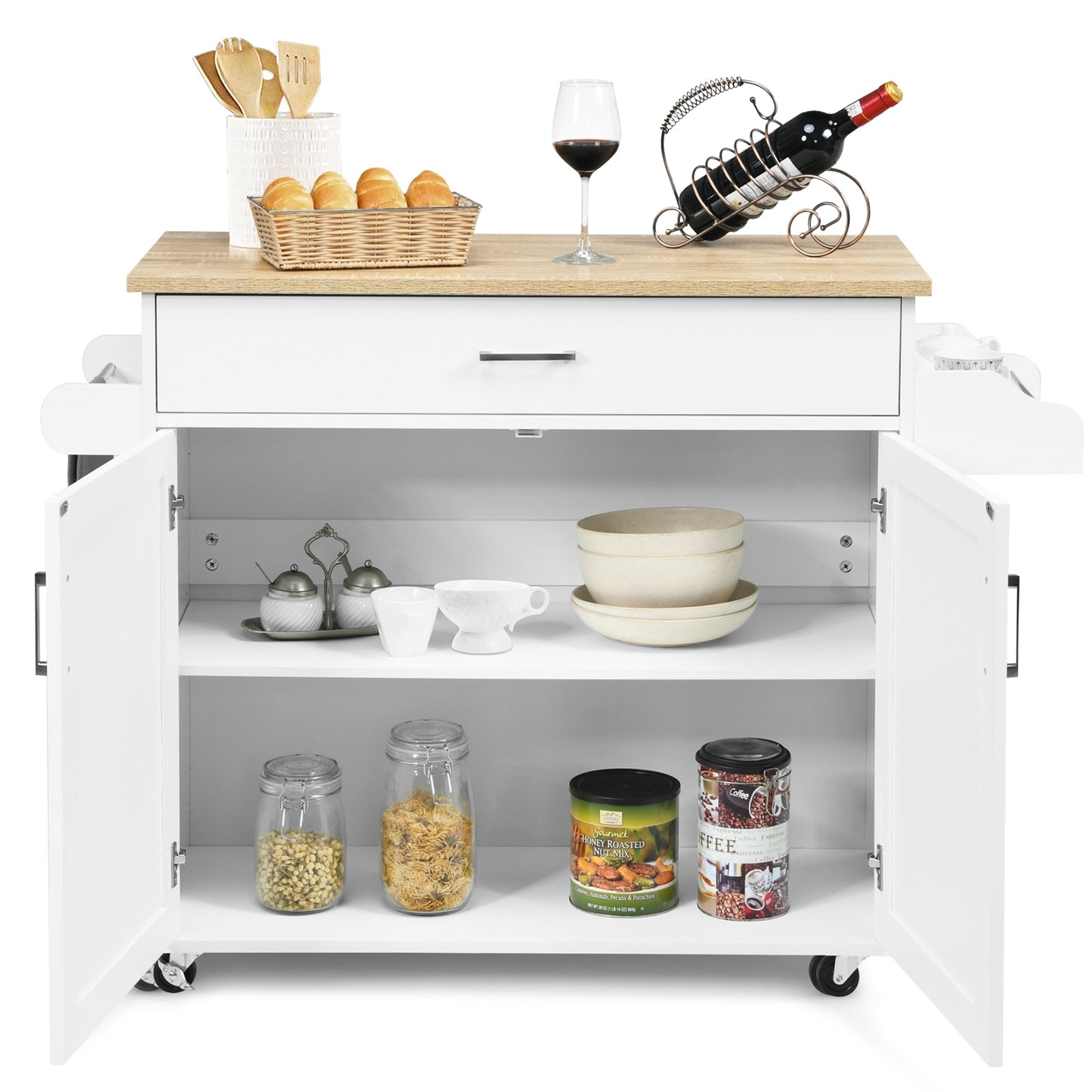 Mobile Kitchen Island Cart with Integrated Towel and Spice Racks in White