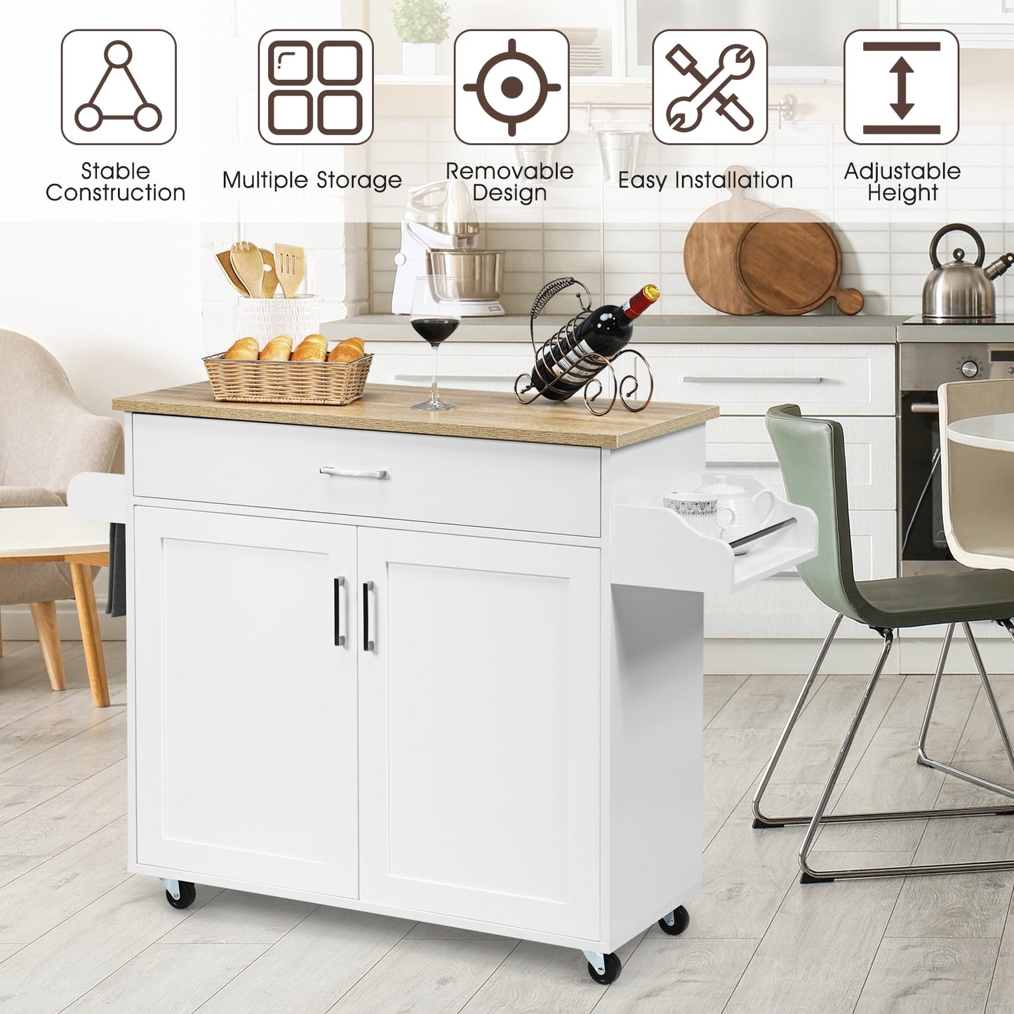 Mobile Kitchen Island Cart with Integrated Towel and Spice Racks in White