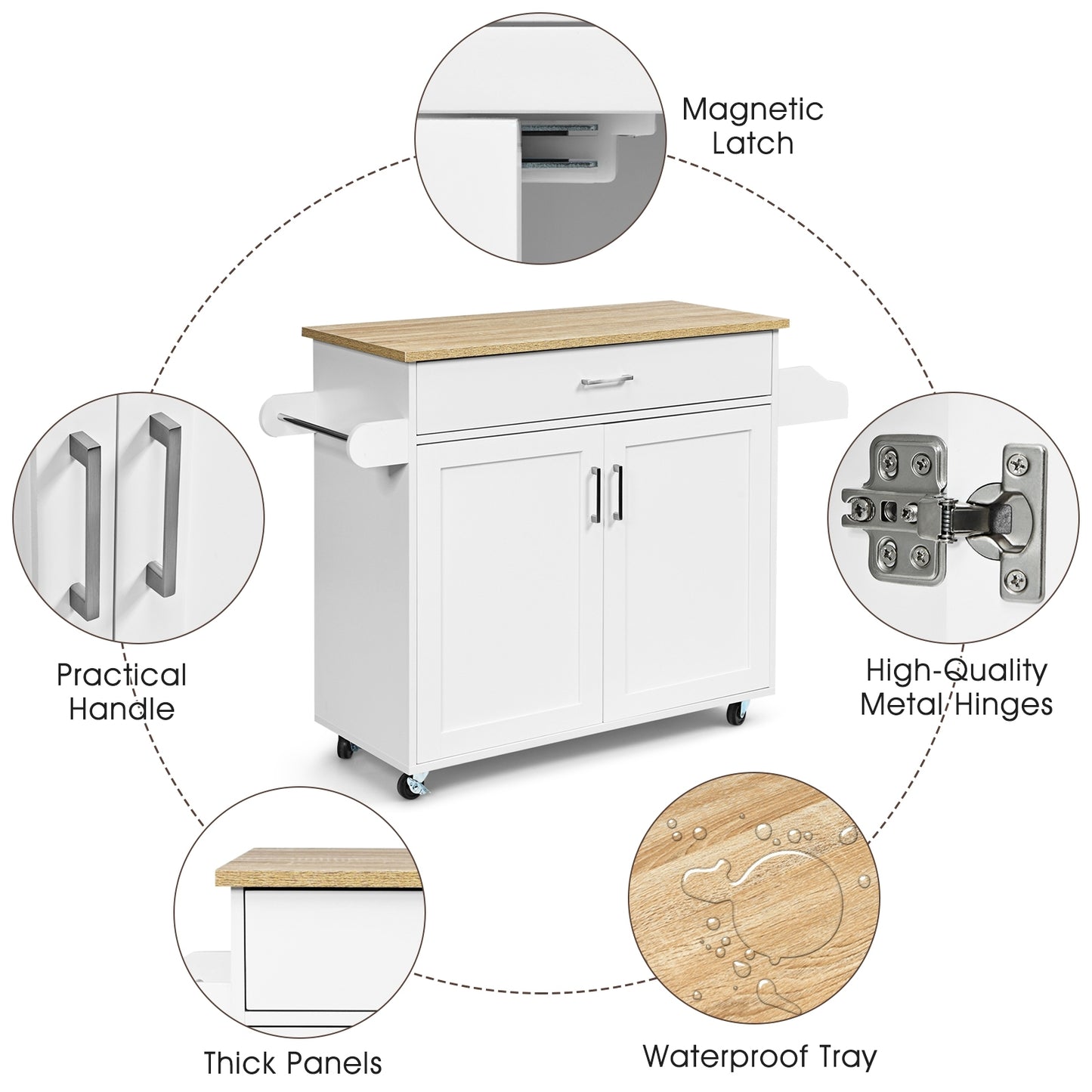 Mobile Kitchen Island Cart with Integrated Towel and Spice Racks in White