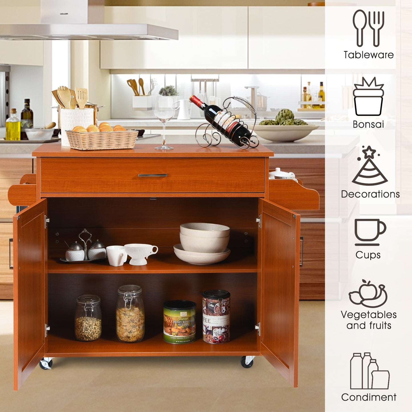 Mobile Kitchen Island Cart with Integrated Towel and Spice Racks in Cherry