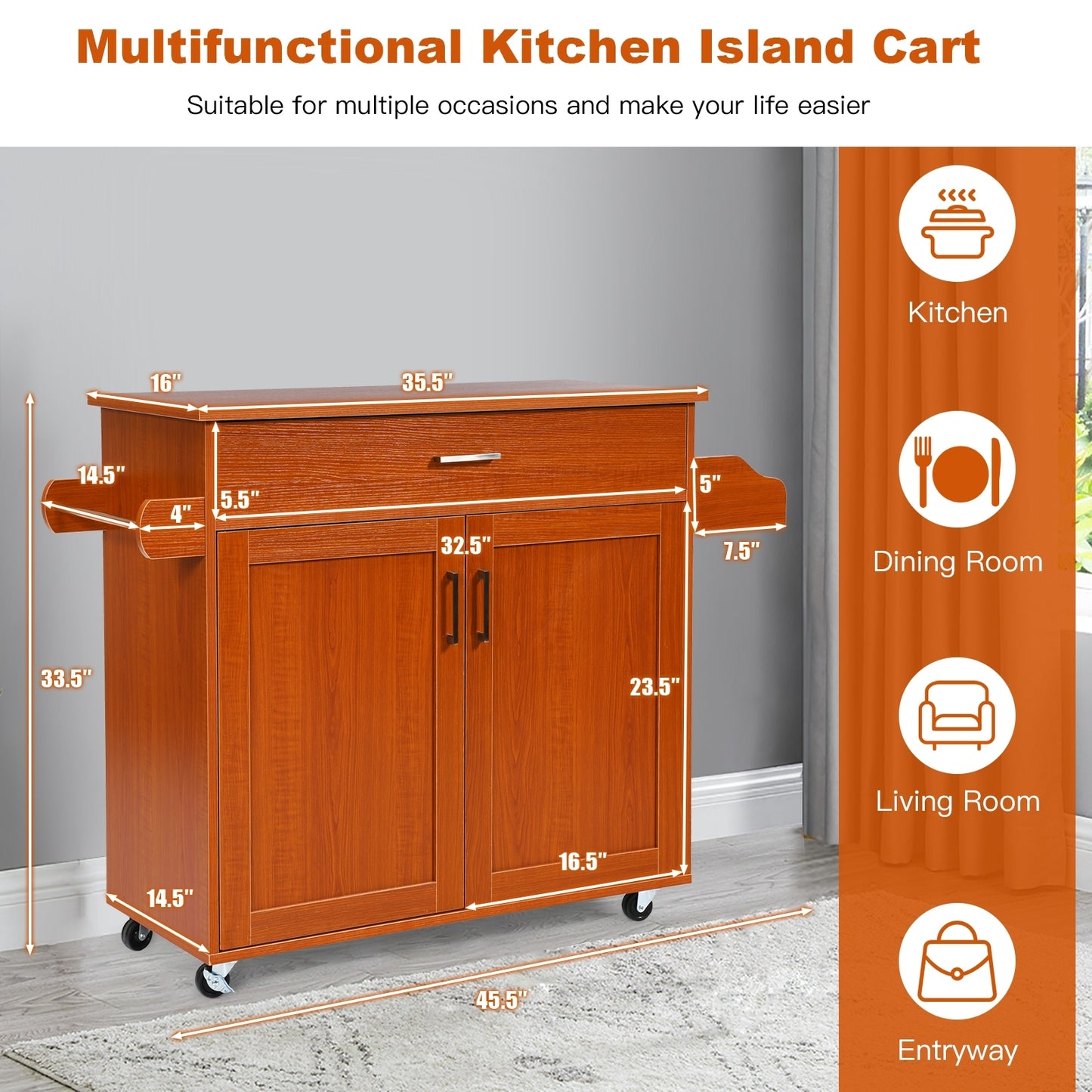 Mobile Kitchen Island Cart with Integrated Towel and Spice Racks in Cherry