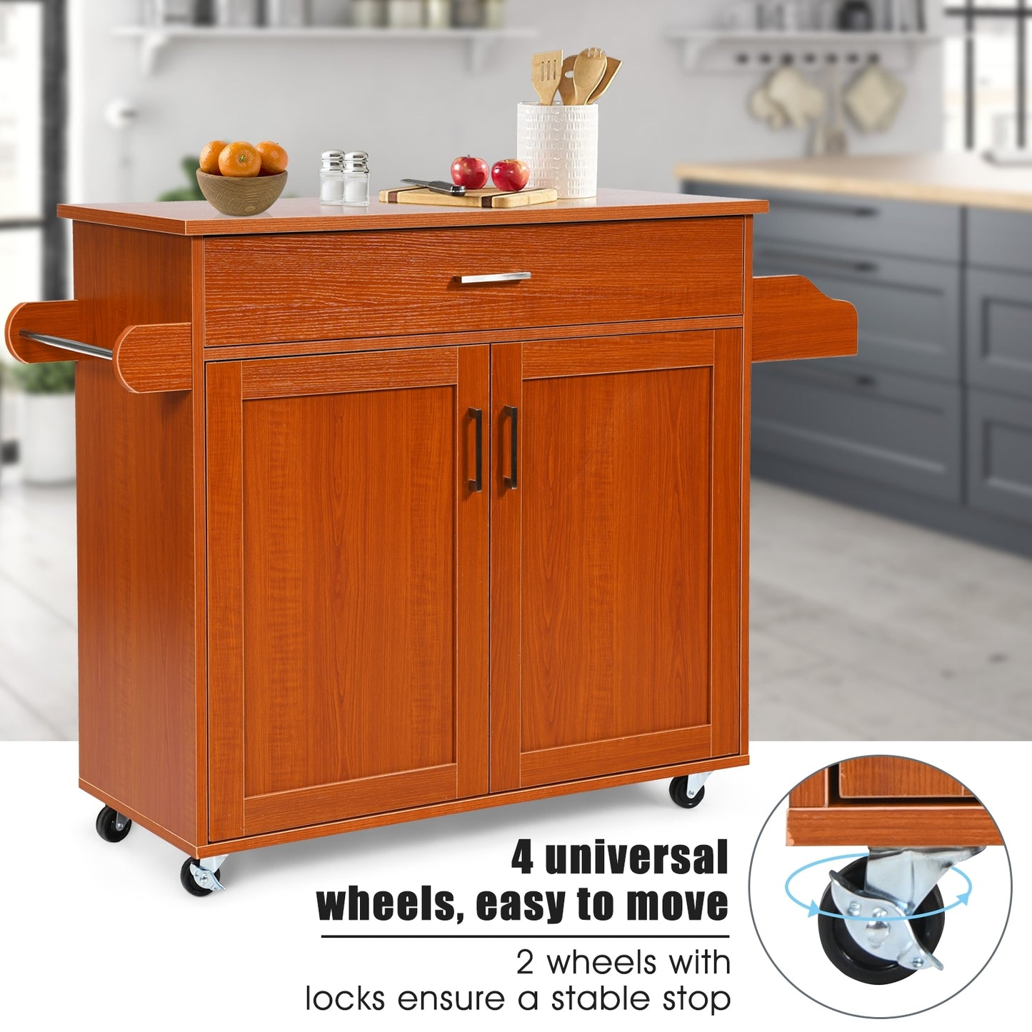 Mobile Kitchen Island Cart with Integrated Towel and Spice Racks in Cherry