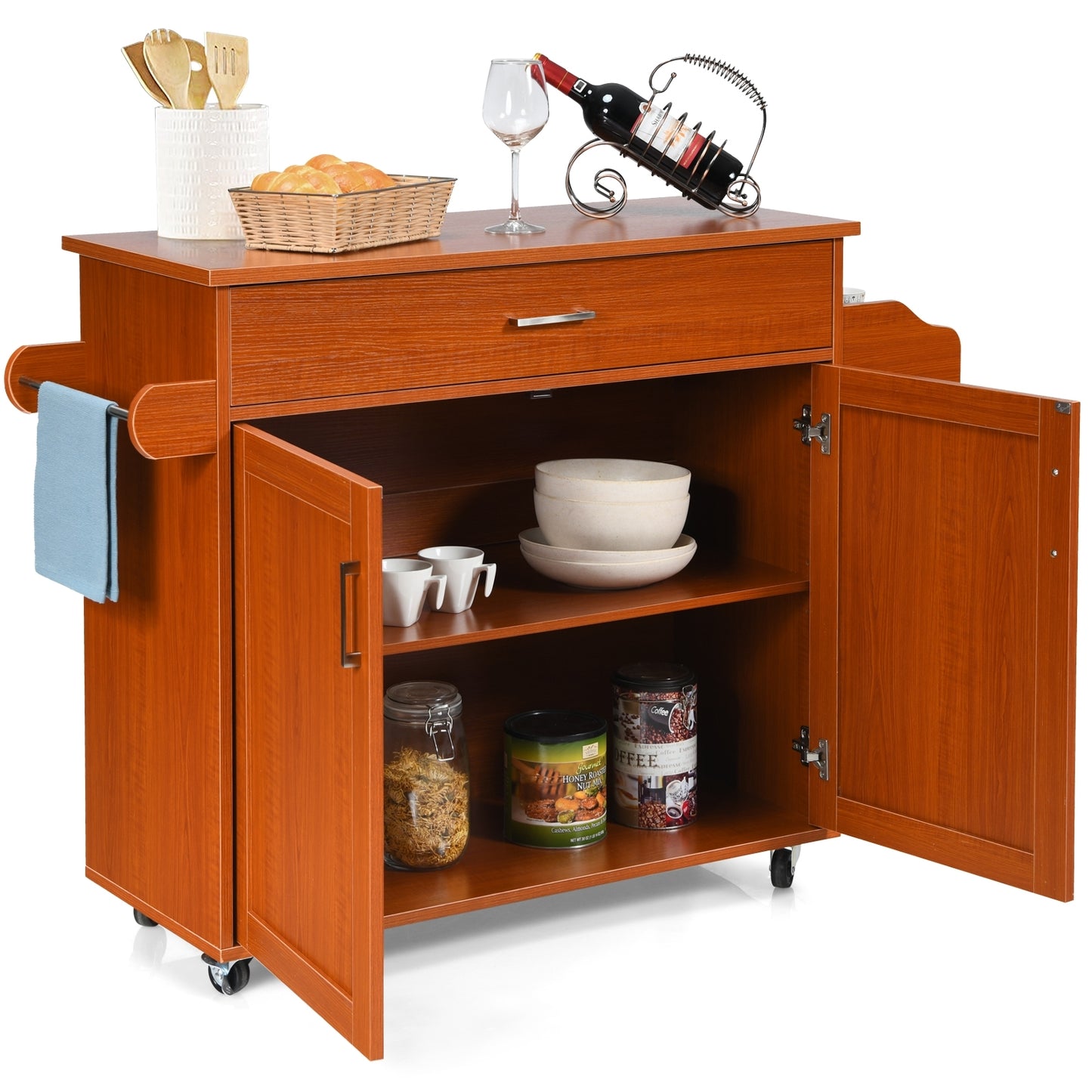 Mobile Kitchen Island Cart with Integrated Towel and Spice Racks in Cherry