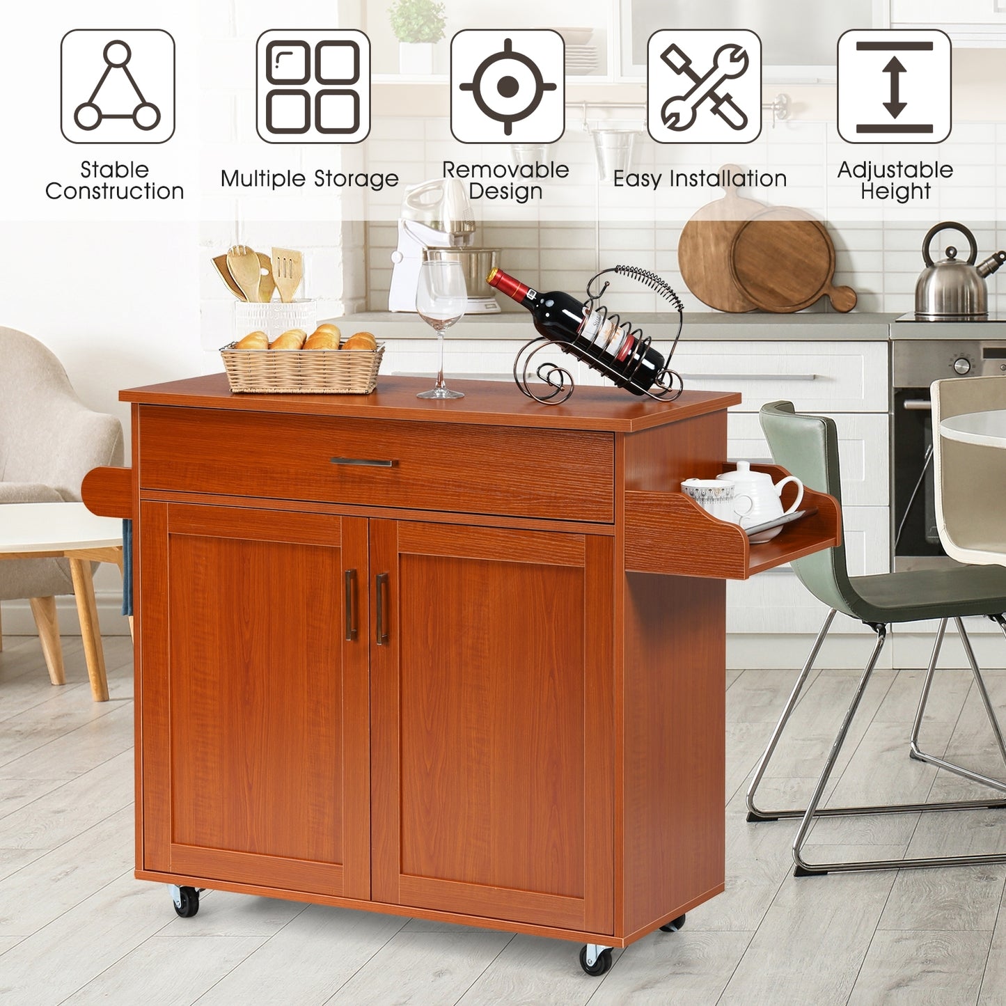 Mobile Kitchen Island Cart with Integrated Towel and Spice Racks in Cherry