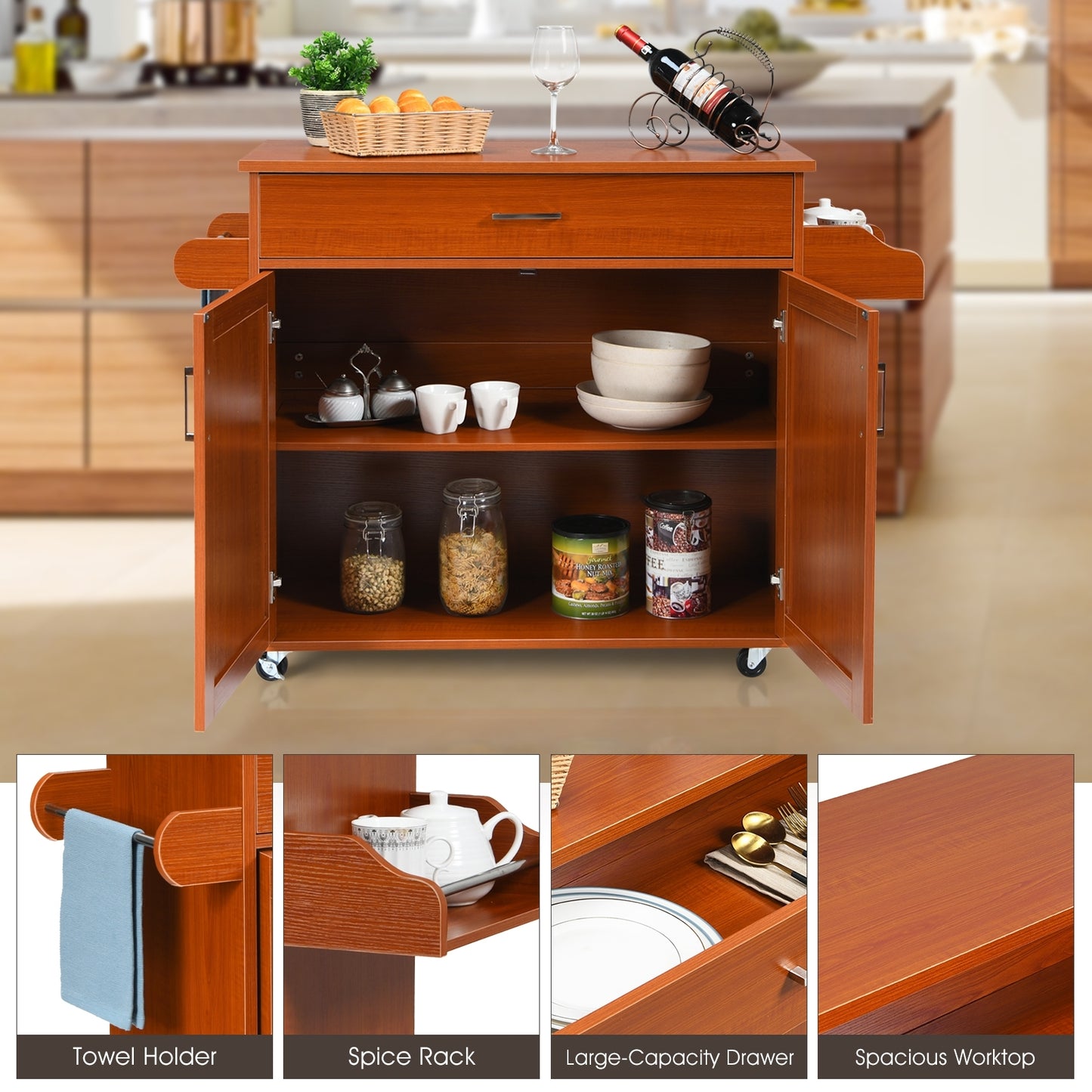 Mobile Kitchen Island Cart with Integrated Towel and Spice Racks in Cherry