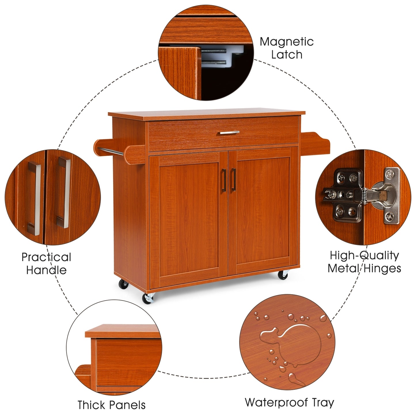 Mobile Kitchen Island Cart with Integrated Towel and Spice Racks in Cherry