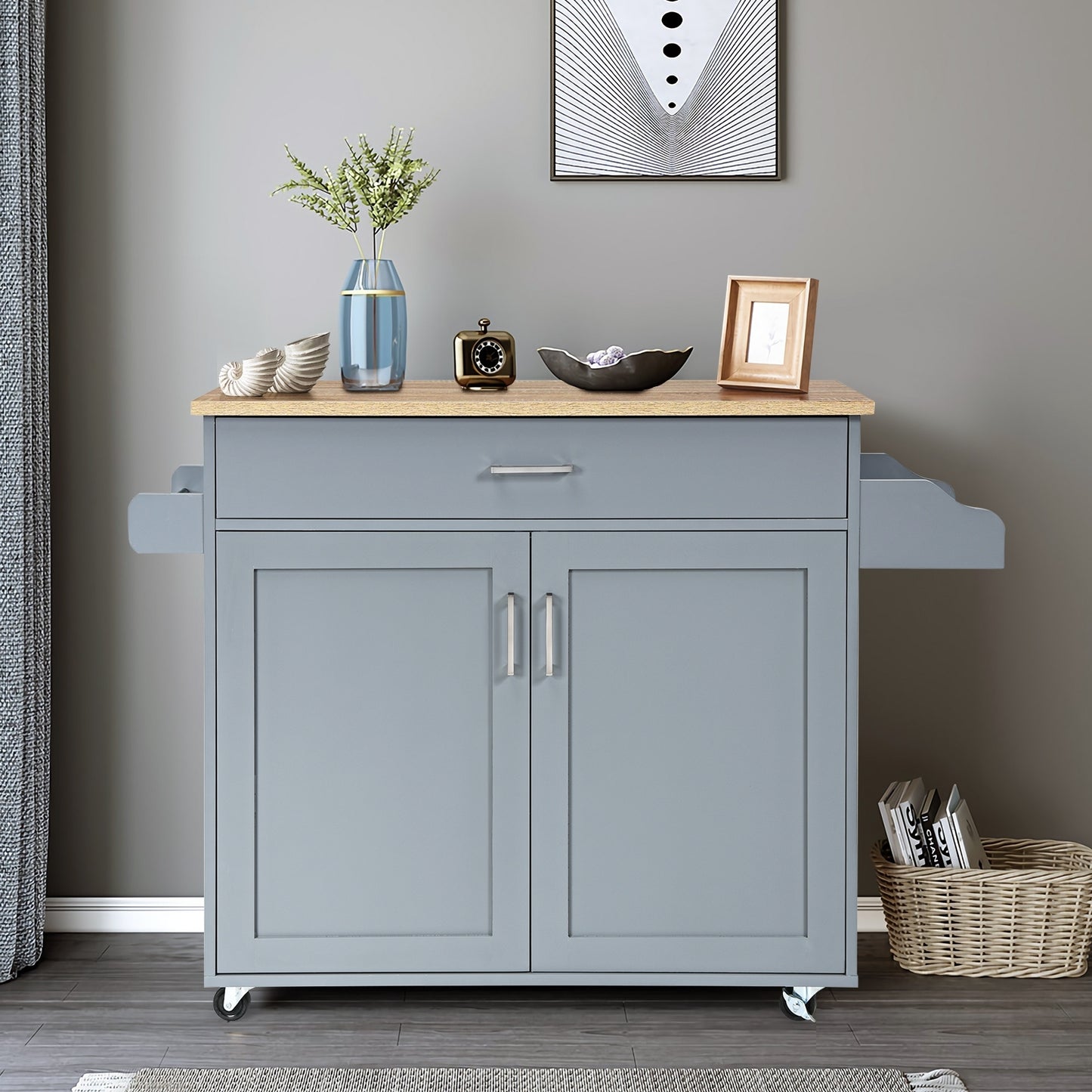 Mobile Kitchen Island Cart with Integrated Towel and Spice Racks in Grey