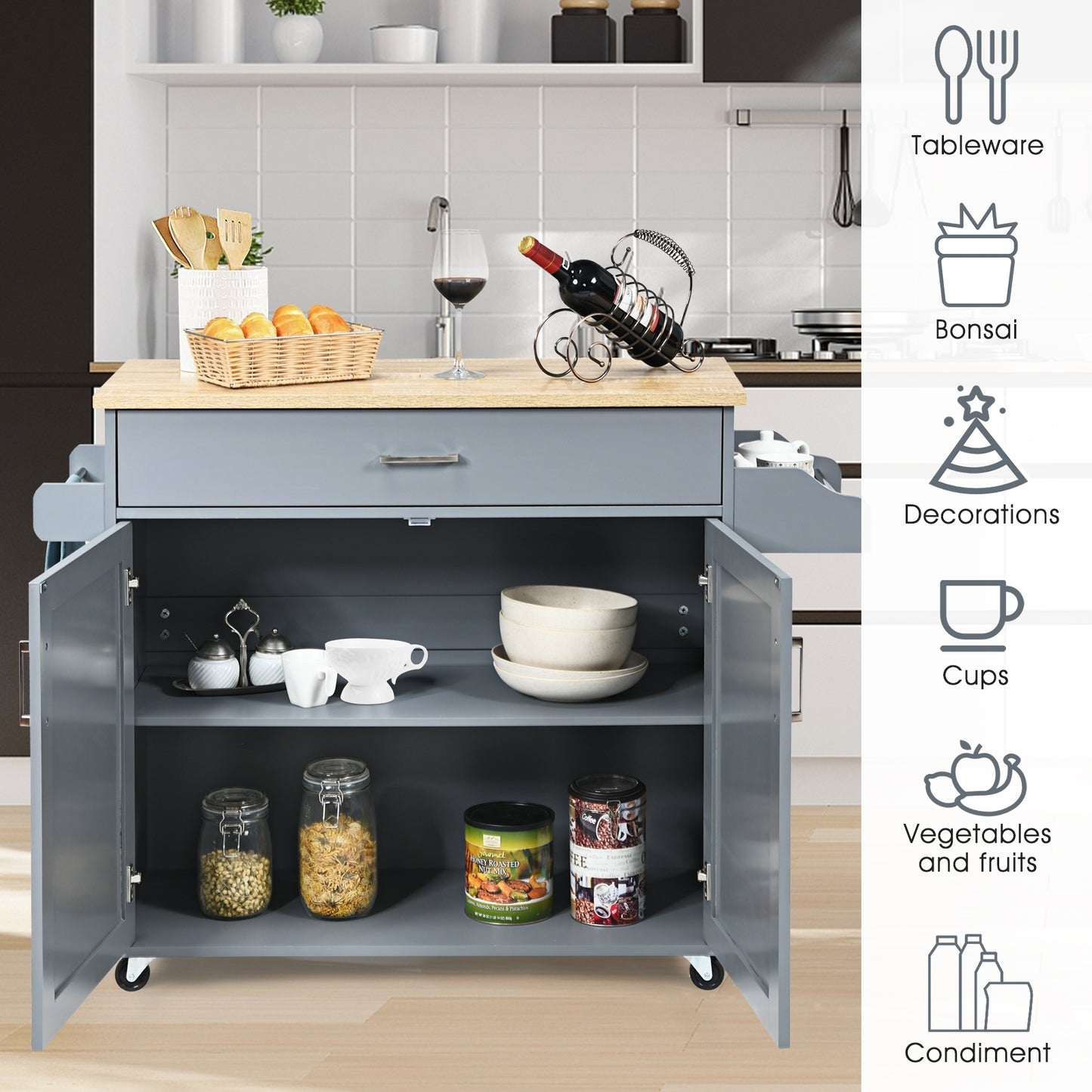 Mobile Kitchen Island Cart with Integrated Towel and Spice Racks in Grey