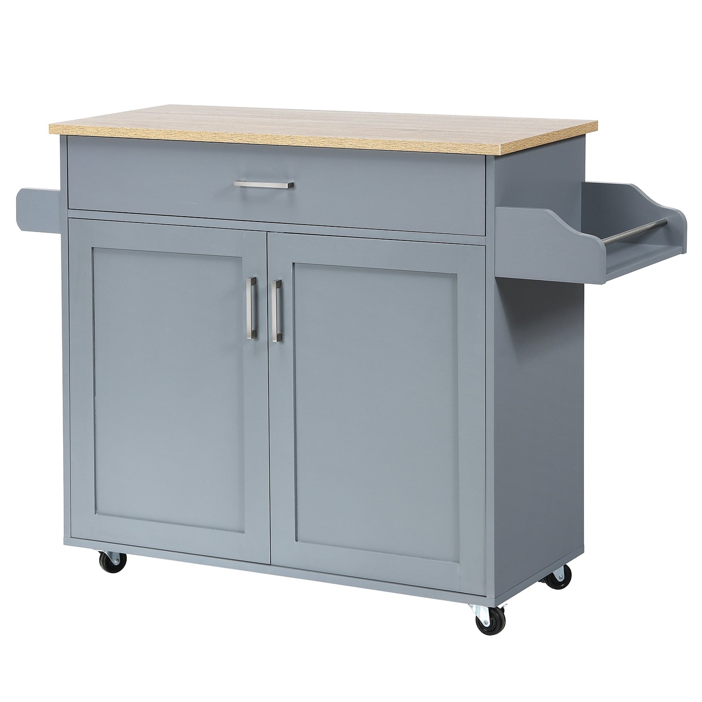 Mobile Kitchen Island Cart with Integrated Towel and Spice Racks in Grey