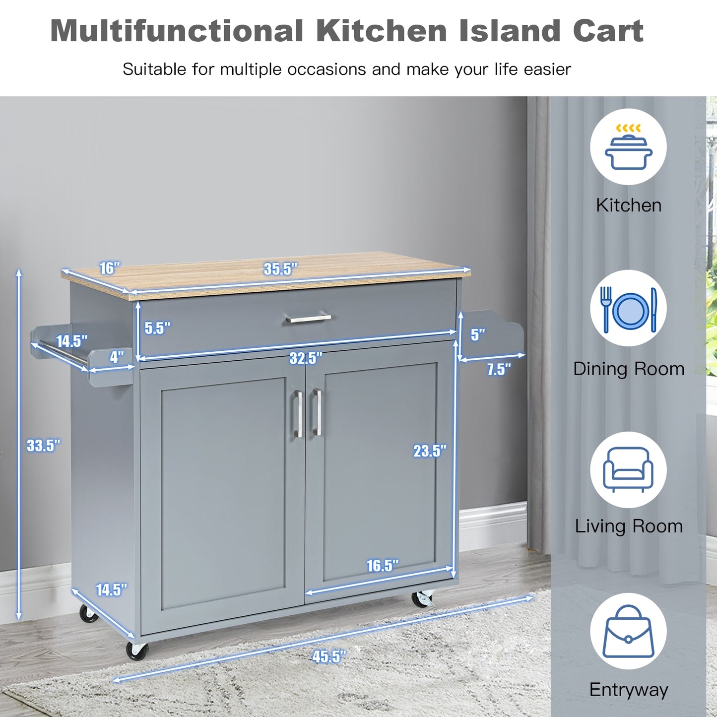 Mobile Kitchen Island Cart with Integrated Towel and Spice Racks in Grey