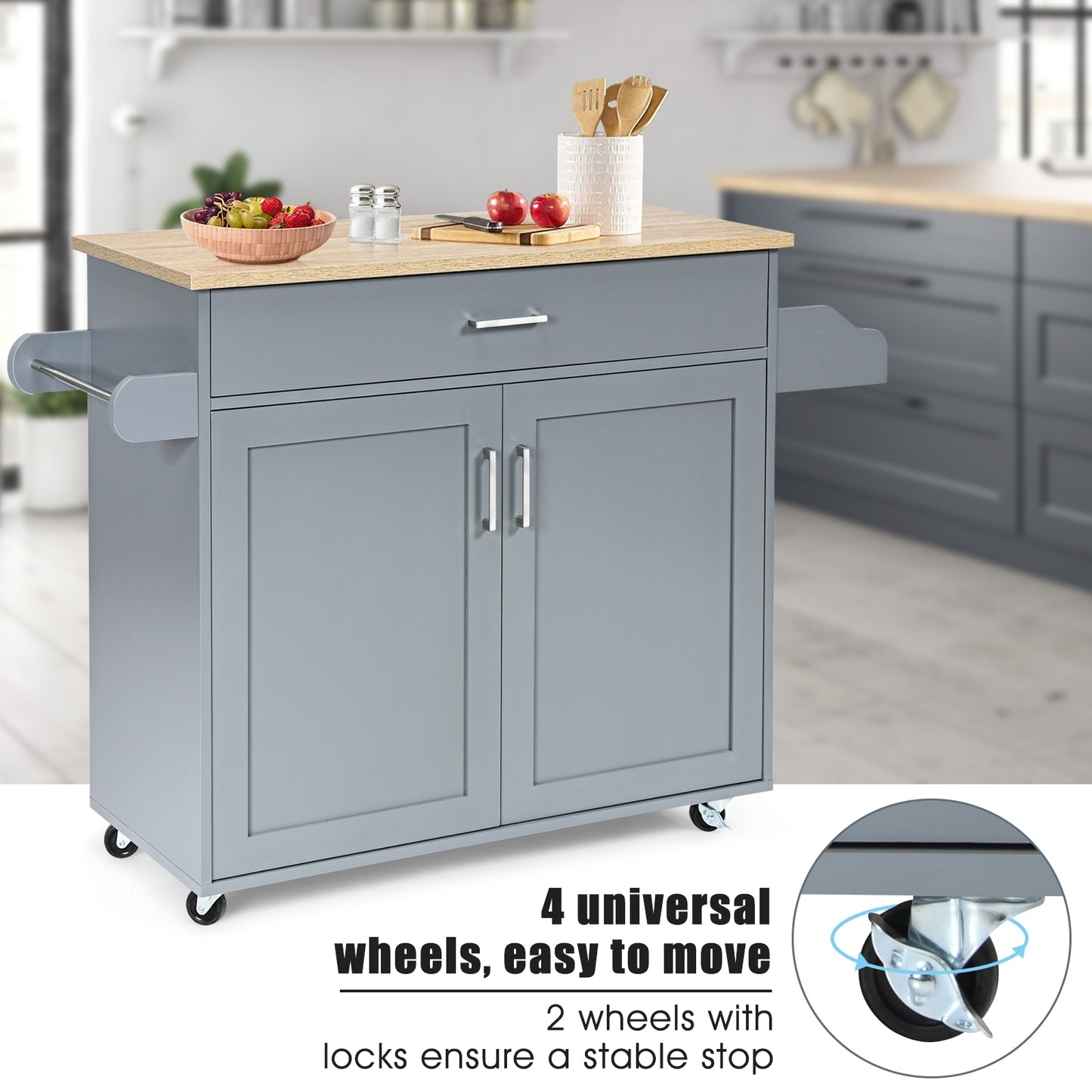 Mobile Kitchen Island Cart with Integrated Towel and Spice Racks in Grey