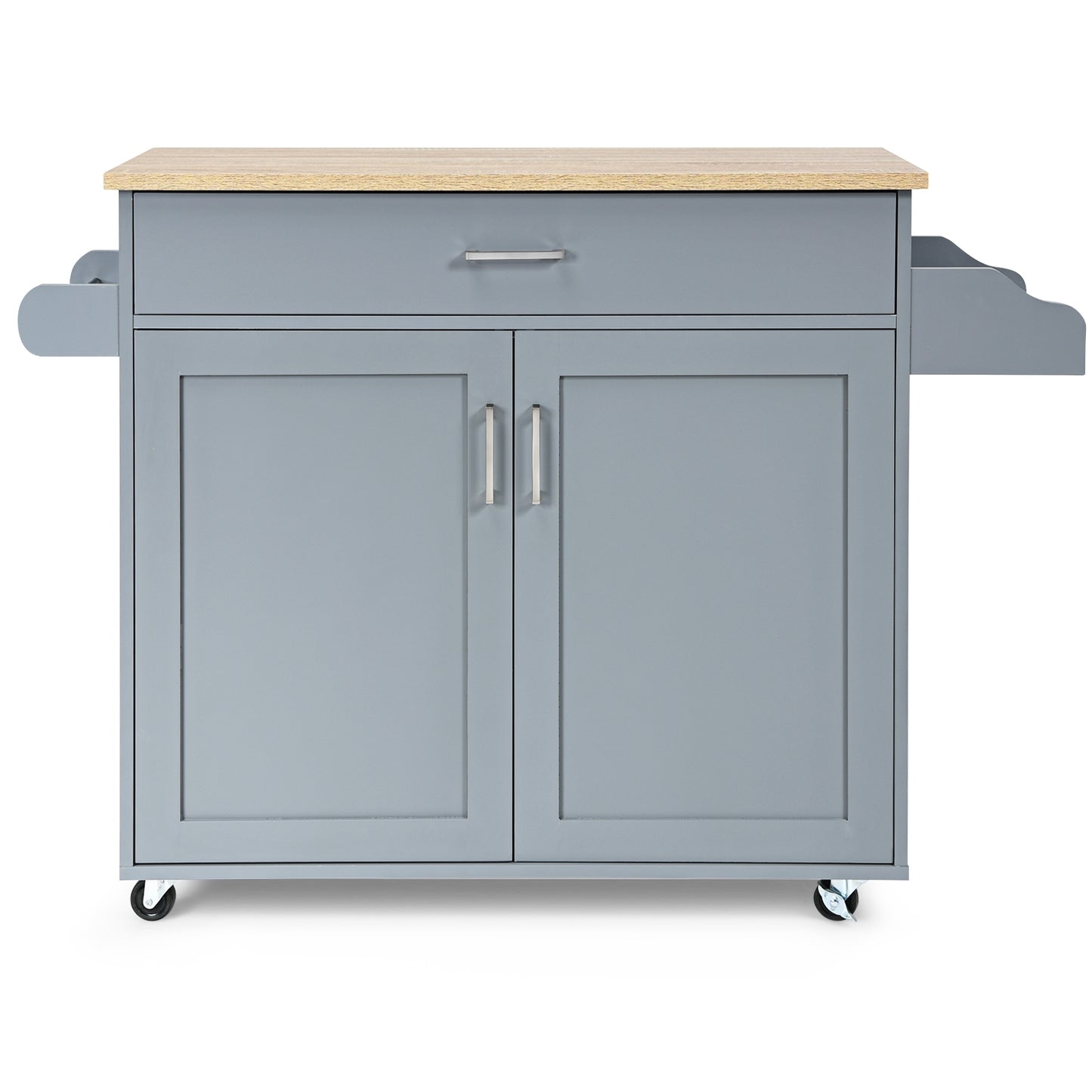 Mobile Kitchen Island Cart with Integrated Towel and Spice Racks in Grey