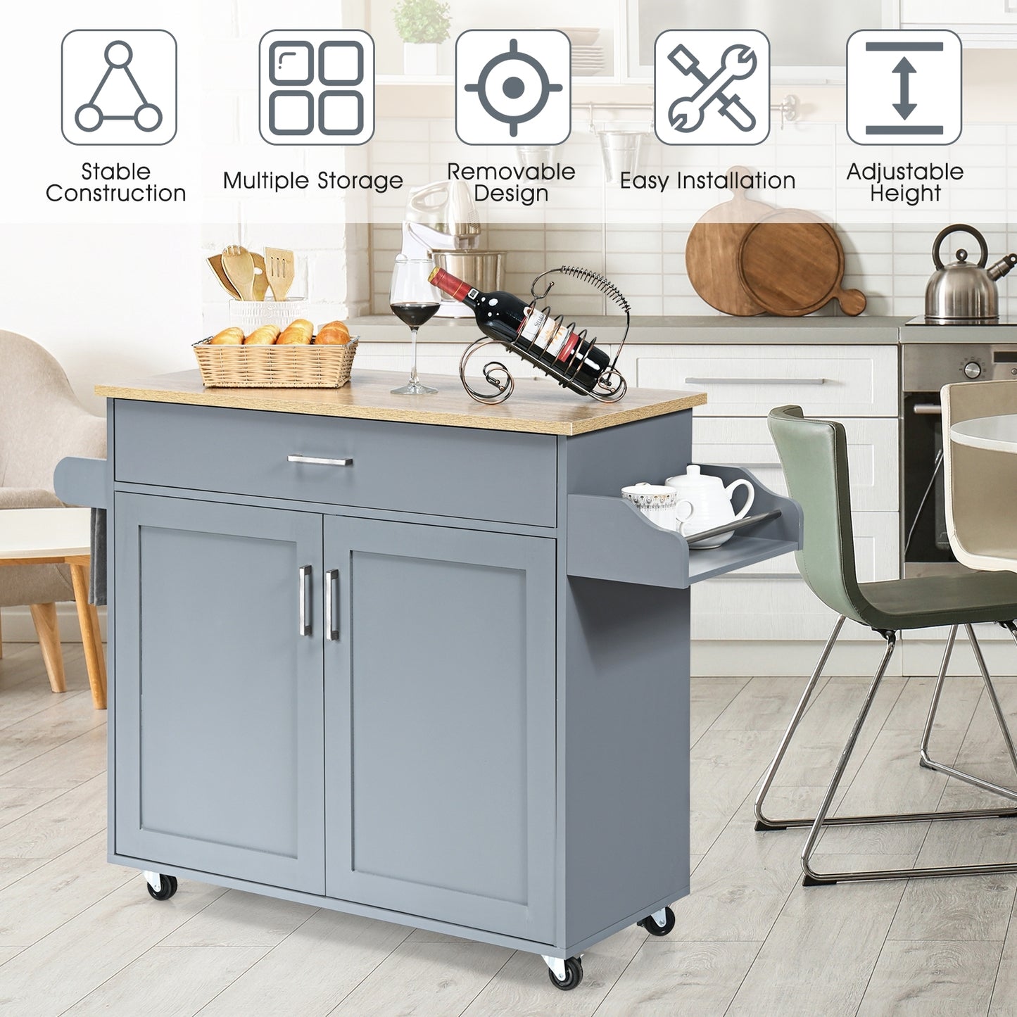 Mobile Kitchen Island Cart with Integrated Towel and Spice Racks in Grey