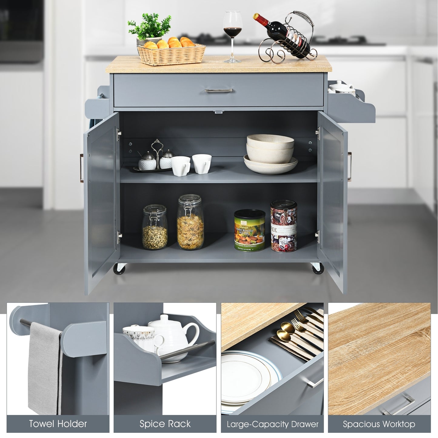 Mobile Kitchen Island Cart with Integrated Towel and Spice Racks in Grey