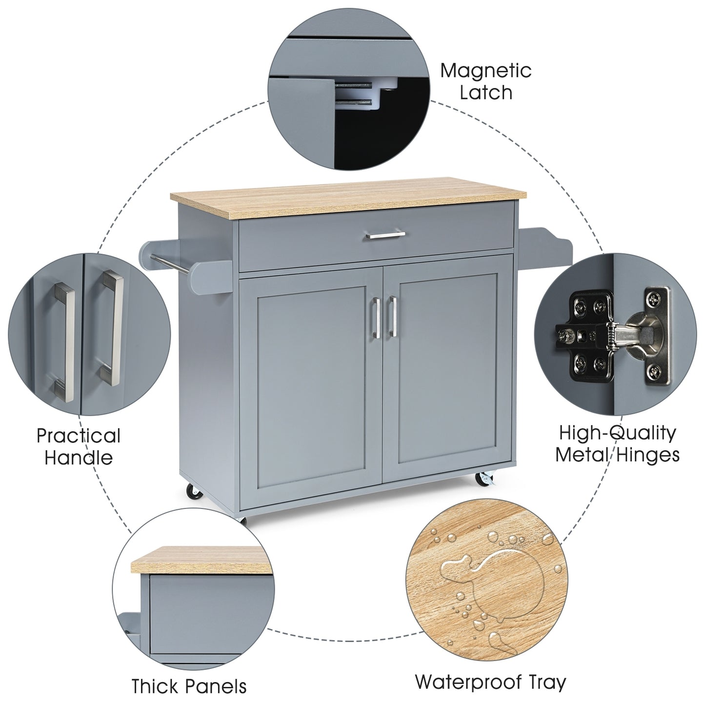 Mobile Kitchen Island Cart with Integrated Towel and Spice Racks in Grey