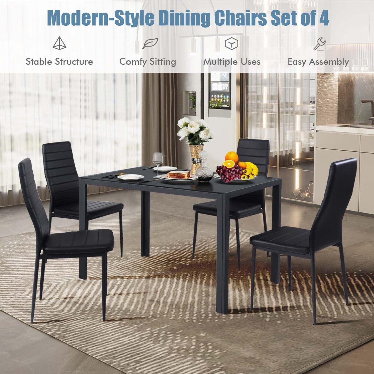 Set of 4 Modern Leather Dining Chairs with Metal Frame and Ergonomic Support