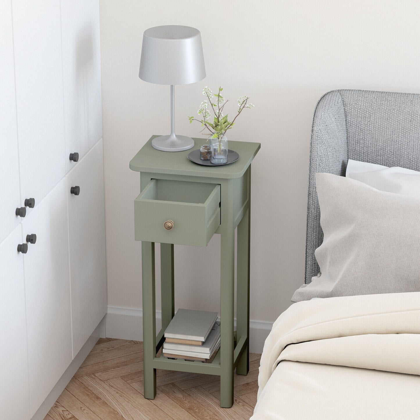 2-Tier Bedside Table with Drawer and Storage Shelf in Grey Finish