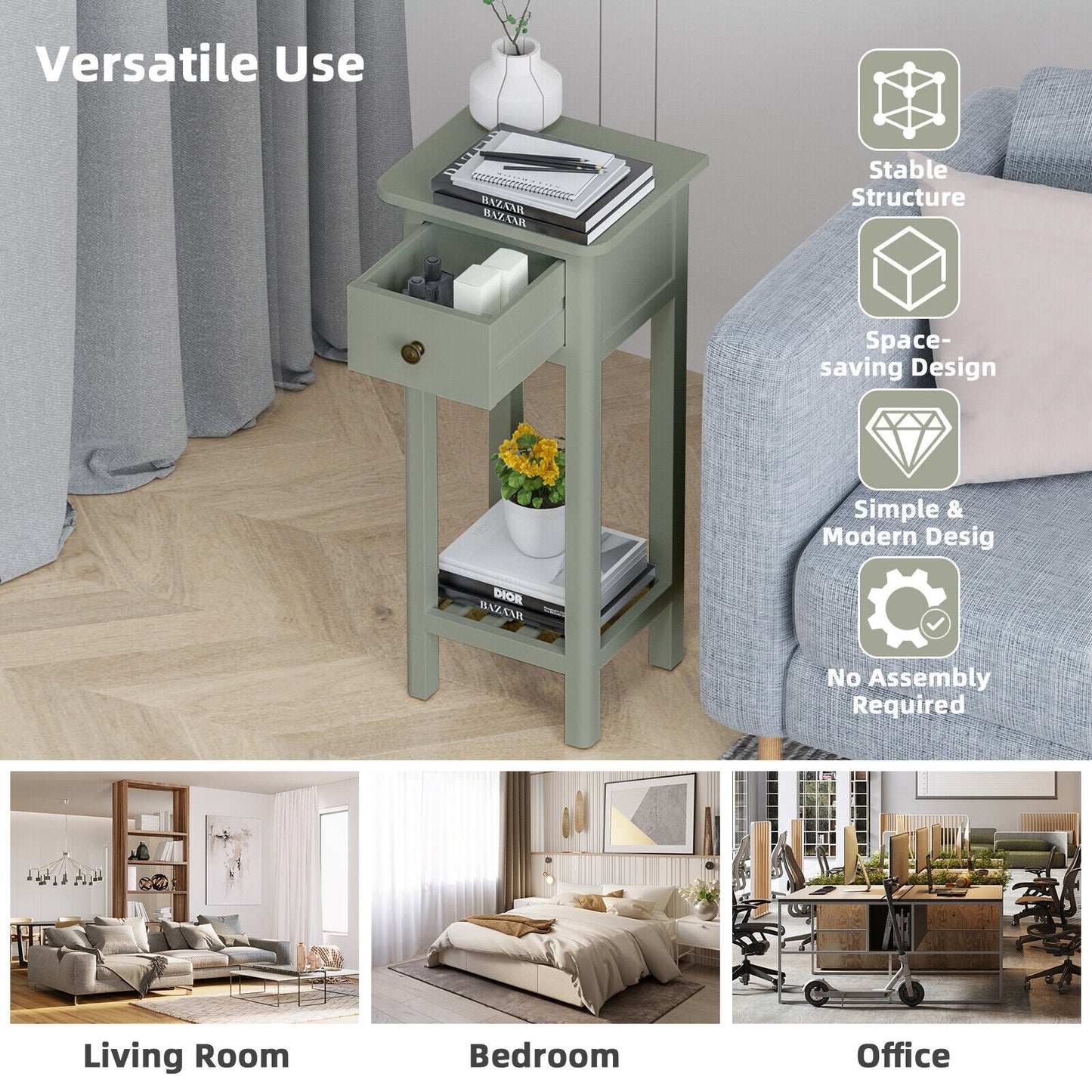 2-Tier Bedside Table with Drawer and Storage Shelf in Grey Finish