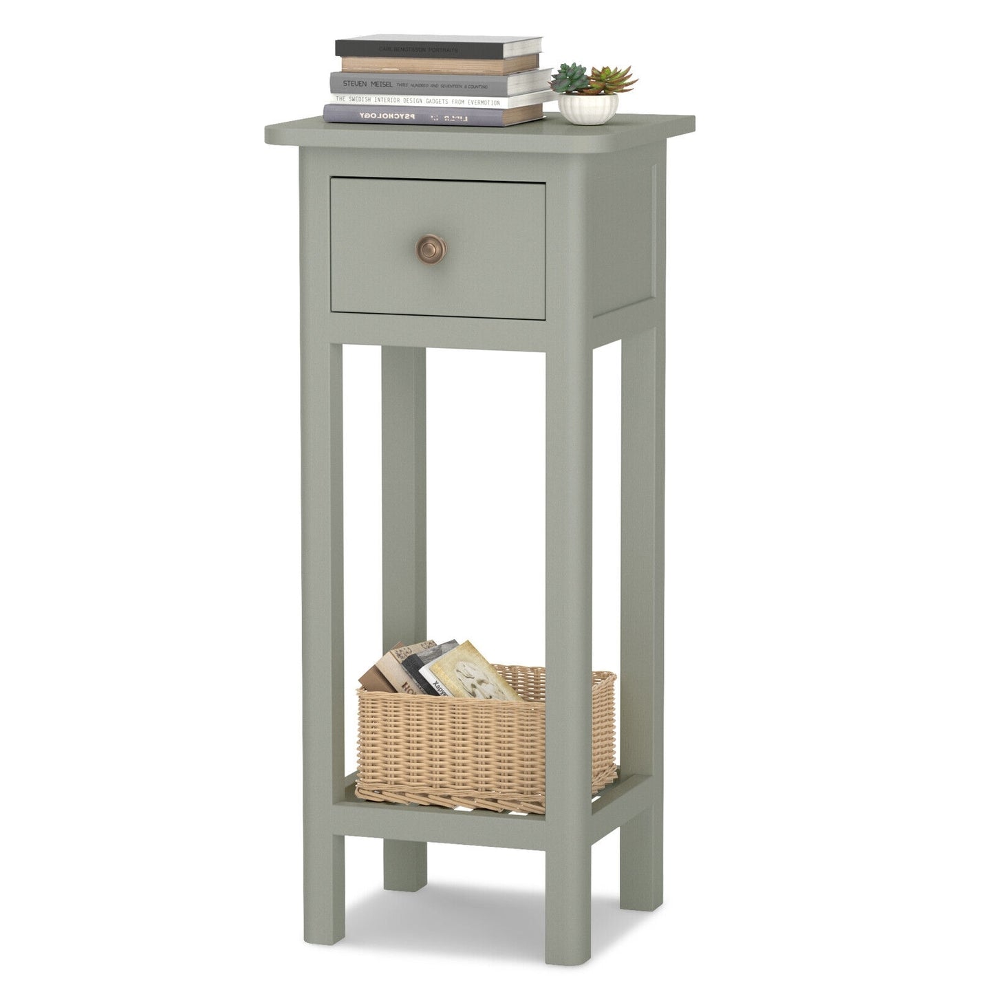 2-Tier Bedside Table with Drawer and Storage Shelf in Grey Finish