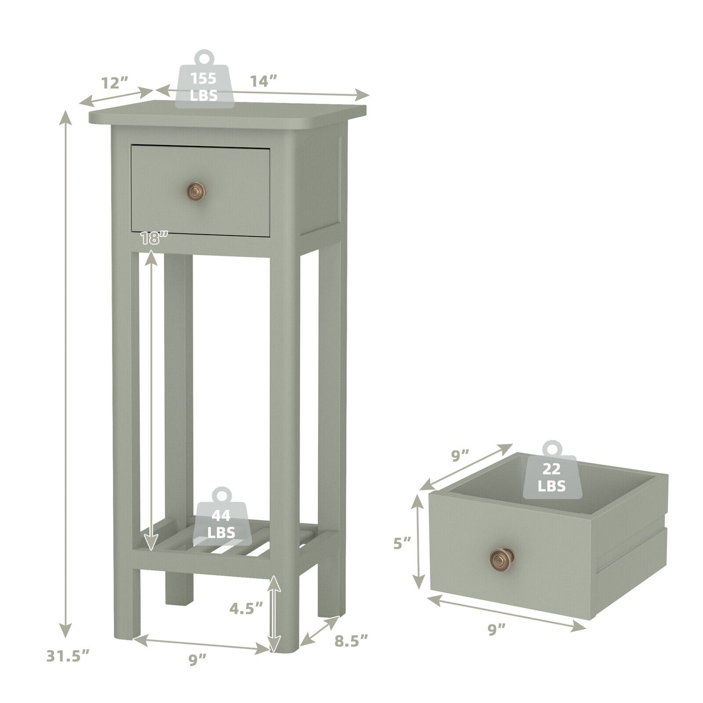2-Tier Bedside Table with Drawer and Storage Shelf in Grey Finish