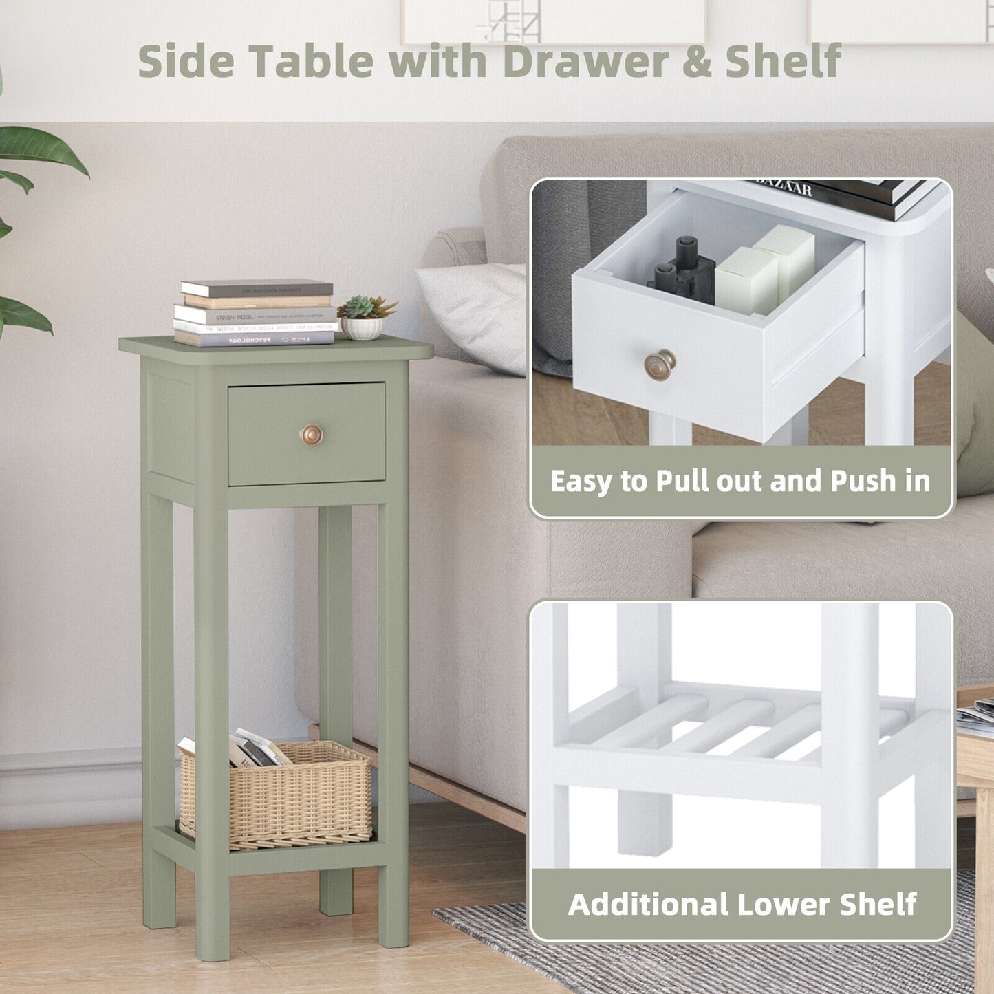 2-Tier Bedside Table with Drawer and Storage Shelf in Grey Finish