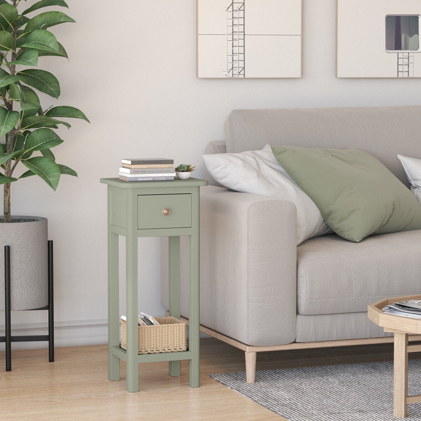 2-Tier Bedside Table with Drawer and Storage Shelf in Grey Finish