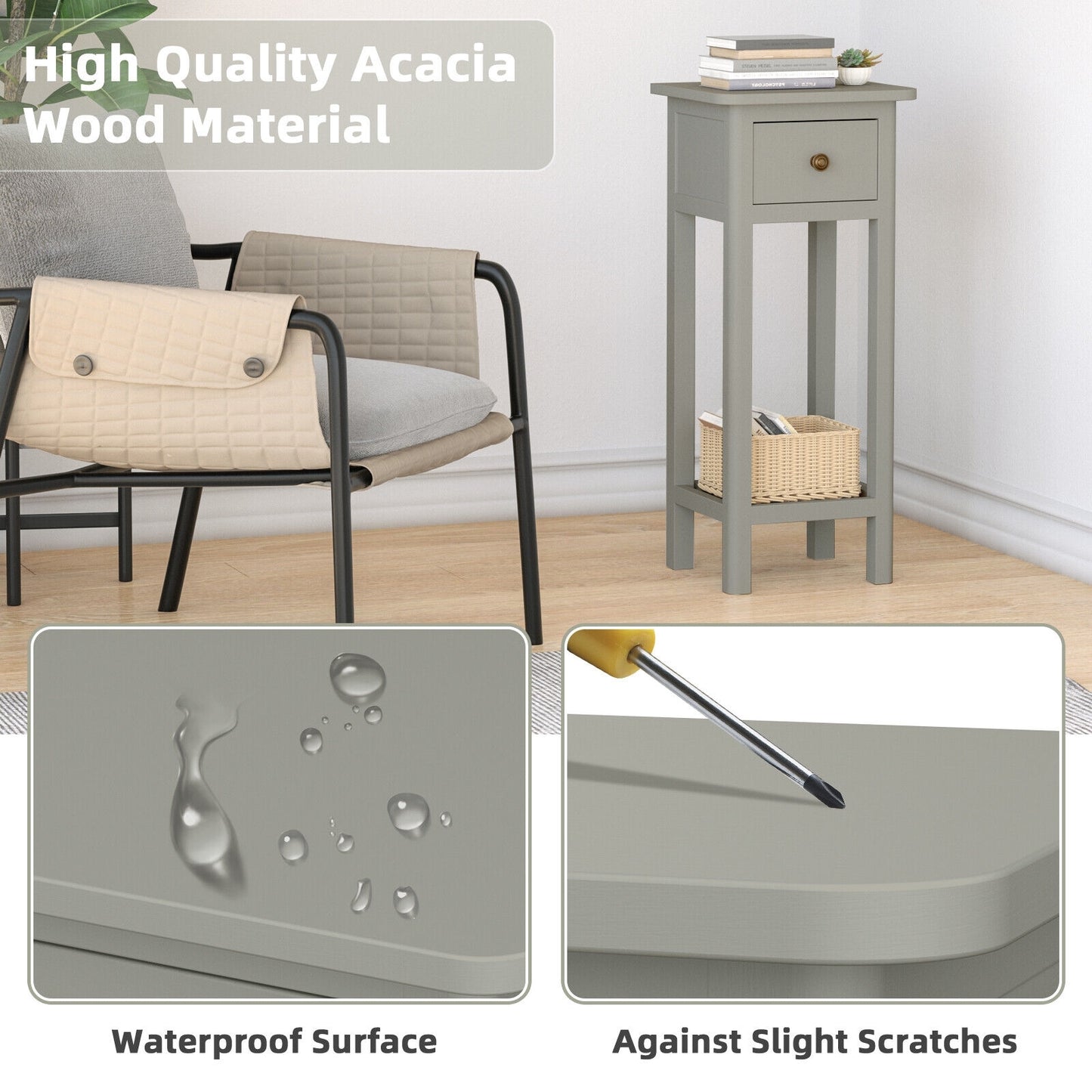2-Tier Bedside Table with Drawer and Storage Shelf in Grey Finish