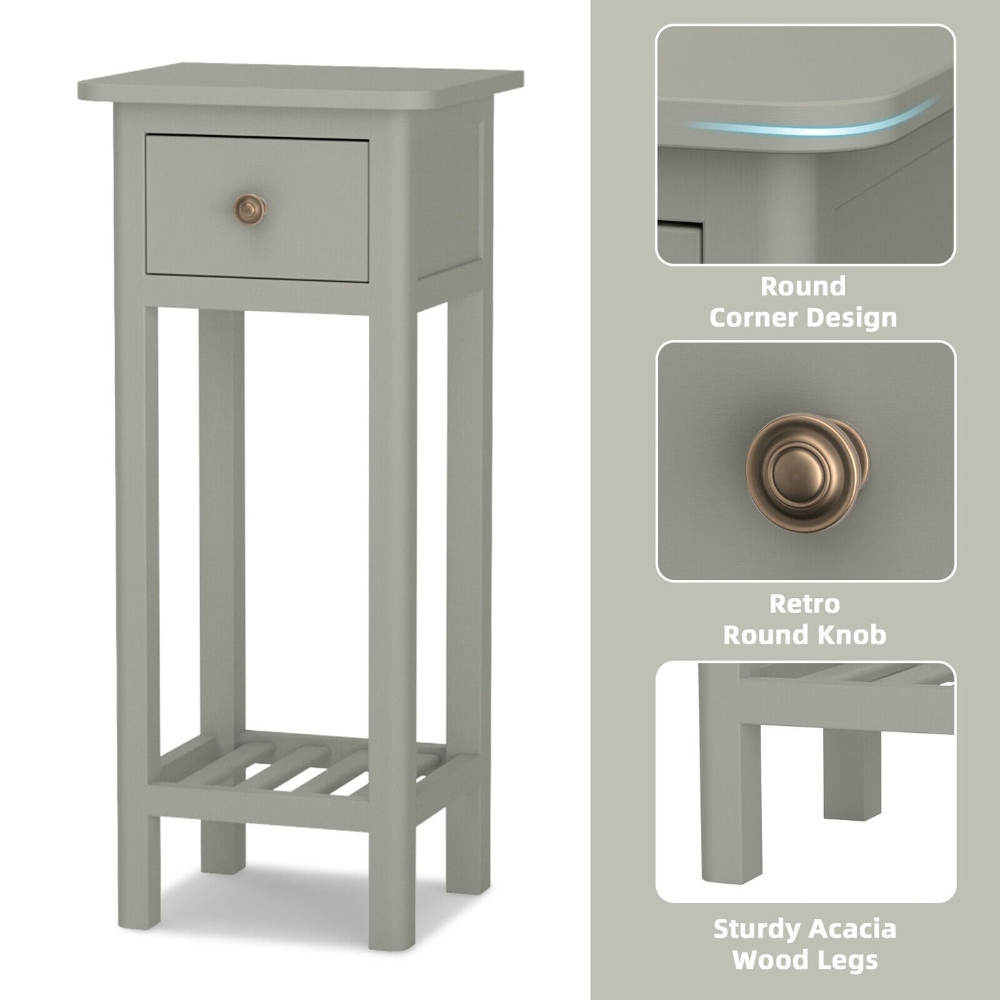 2-Tier Bedside Table with Drawer and Storage Shelf in Grey Finish