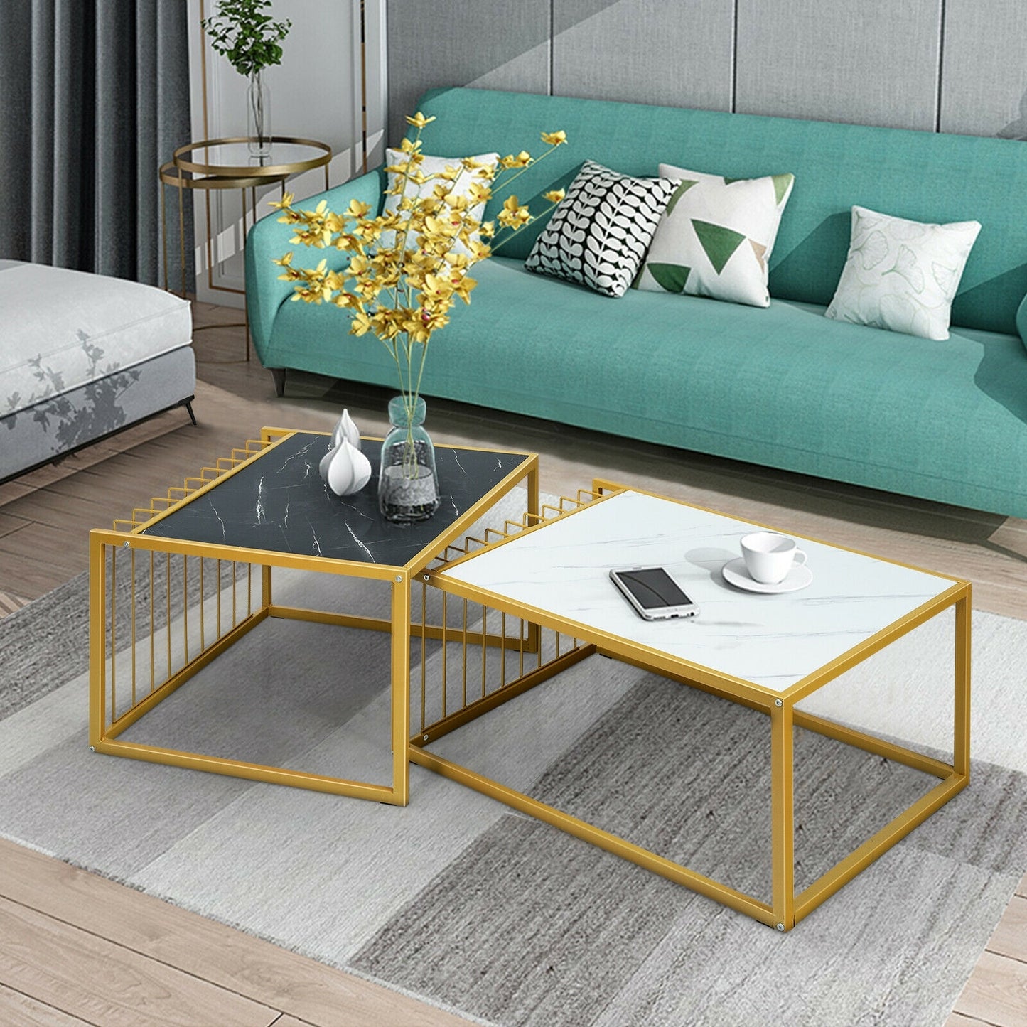 Modern Nesting Side Table Set of 2 with Faux Marble Top and Metal Frame