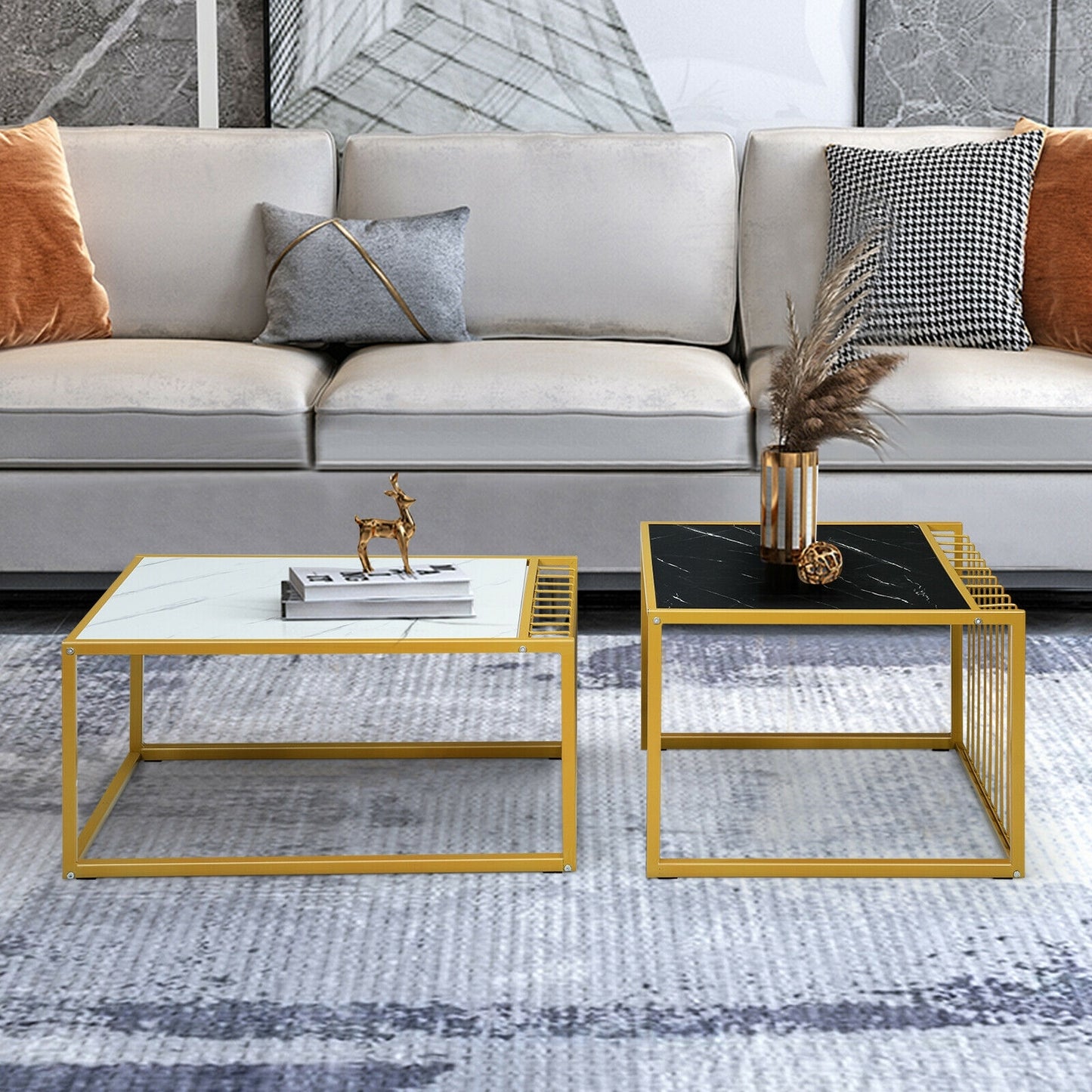 Modern Nesting Side Table Set of 2 with Faux Marble Top and Metal Frame