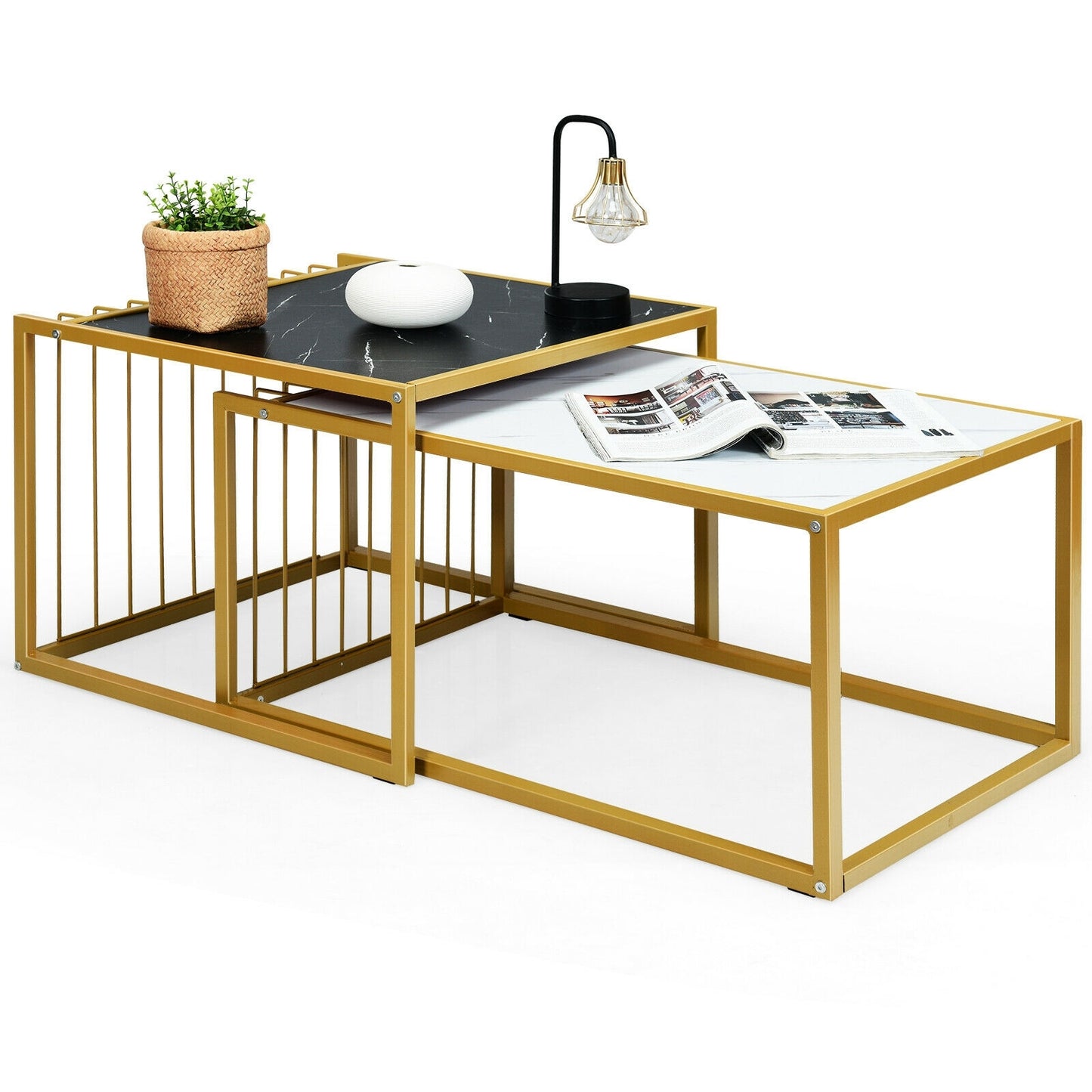Modern Nesting Side Table Set of 2 with Faux Marble Top and Metal Frame
