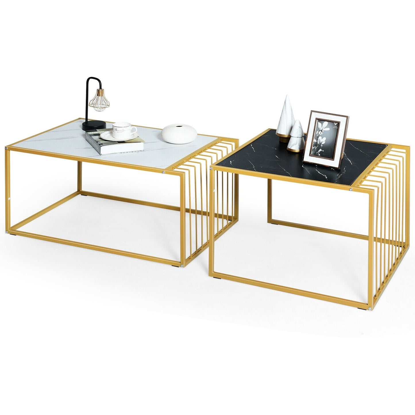 Modern Nesting Side Table Set of 2 with Faux Marble Top and Metal Frame