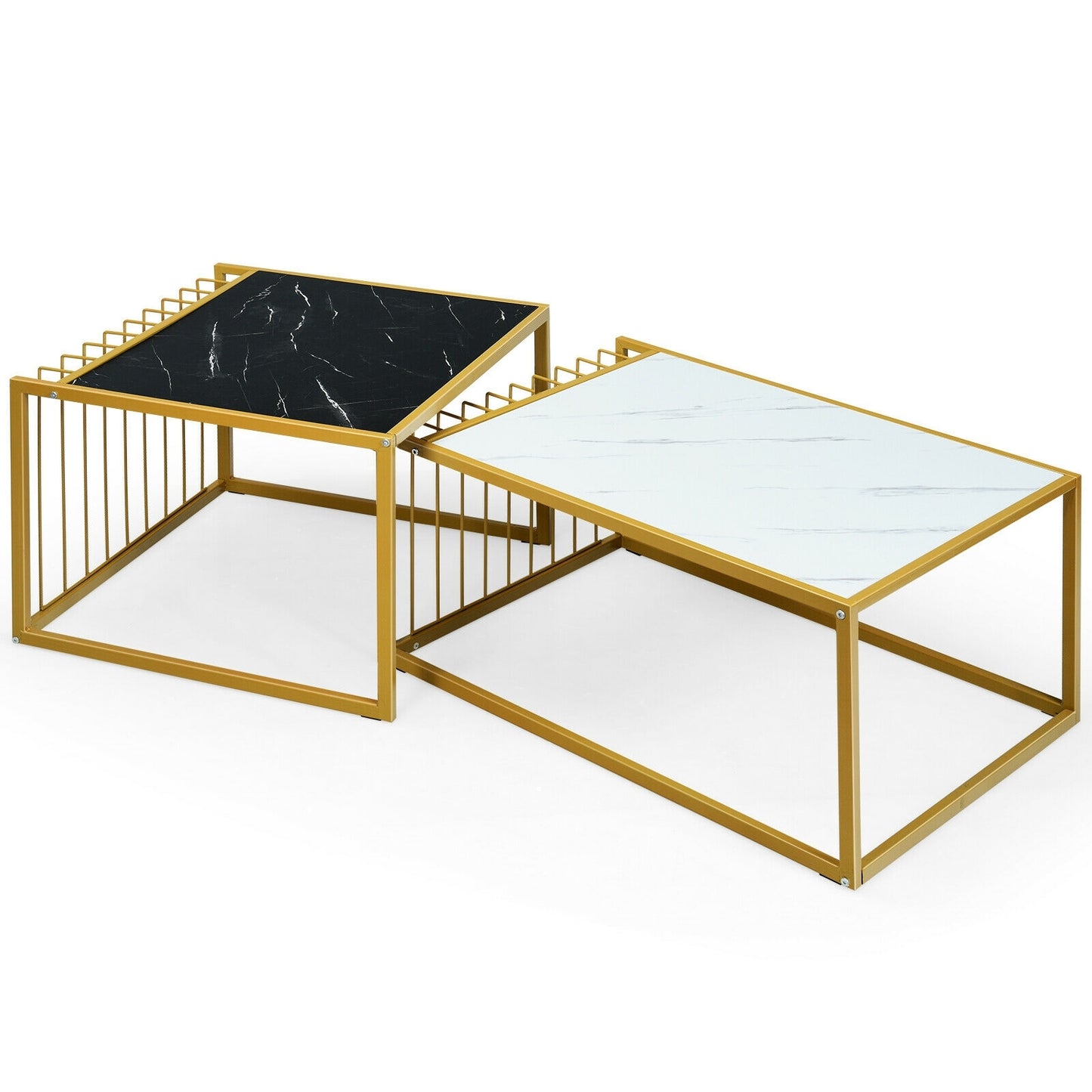 Modern Nesting Side Table Set of 2 with Faux Marble Top and Metal Frame
