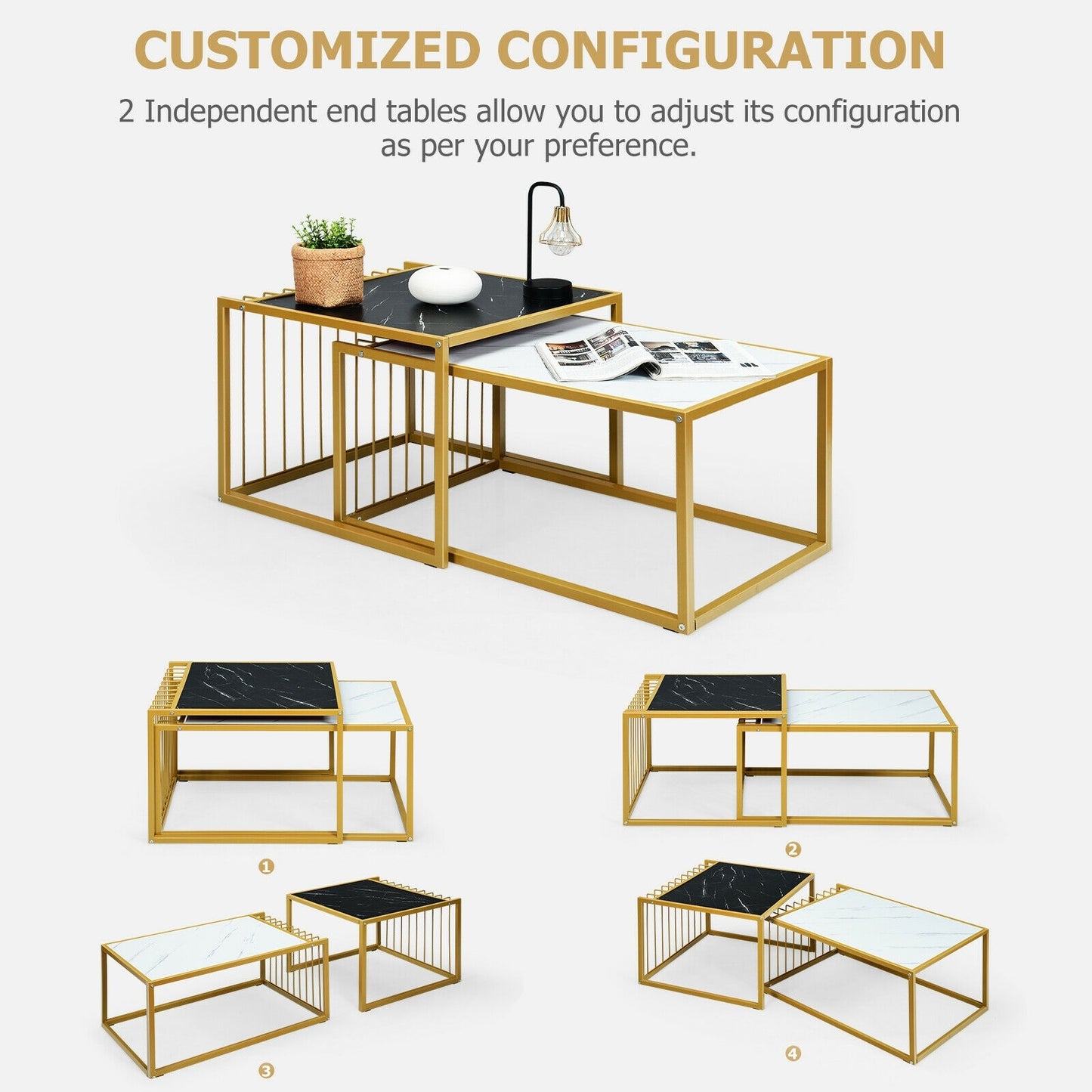 Modern Nesting Side Table Set of 2 with Faux Marble Top and Metal Frame