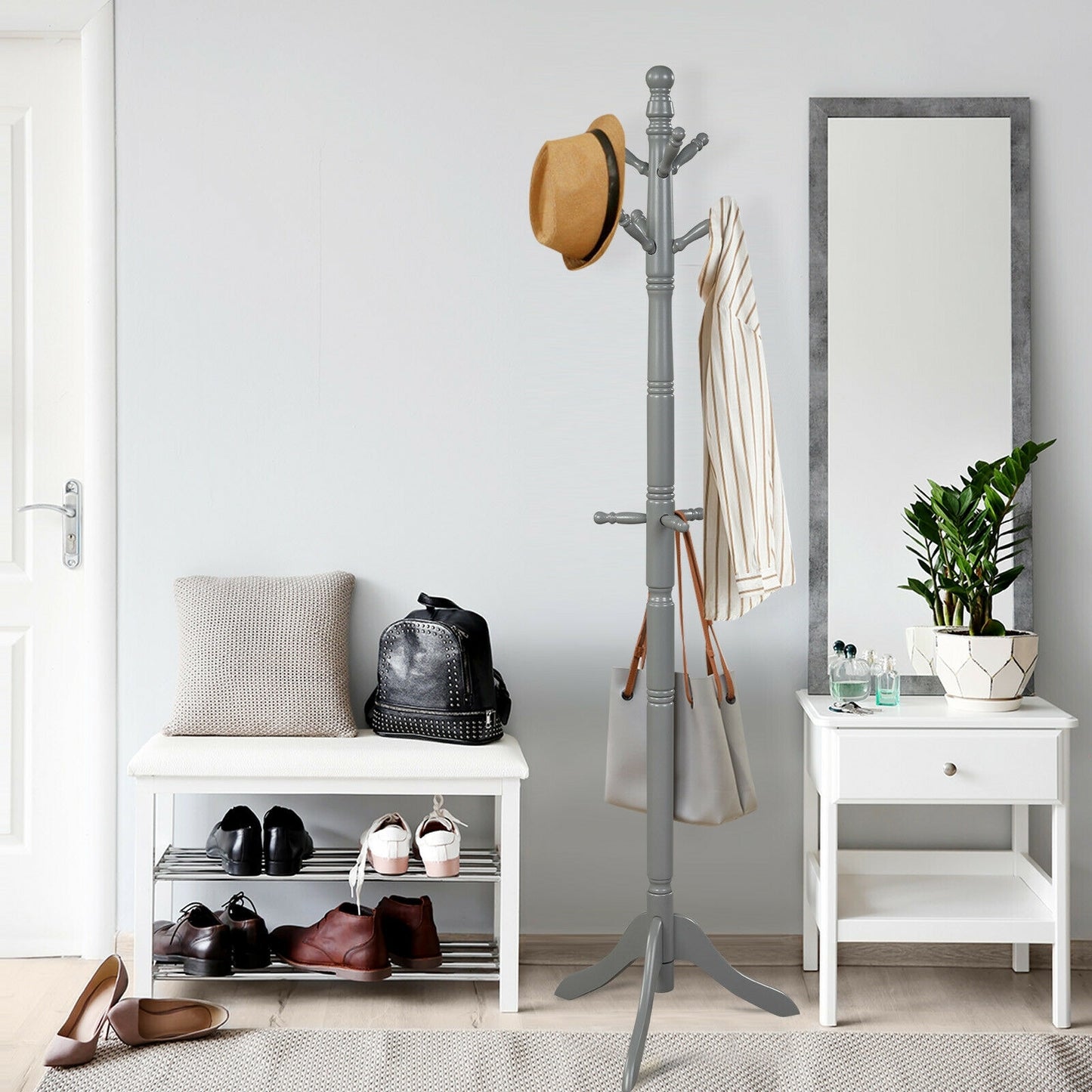 Adjustable Freestanding Wooden Coat Tree with 9 Hooks for Entryway or Bedroom - Grey