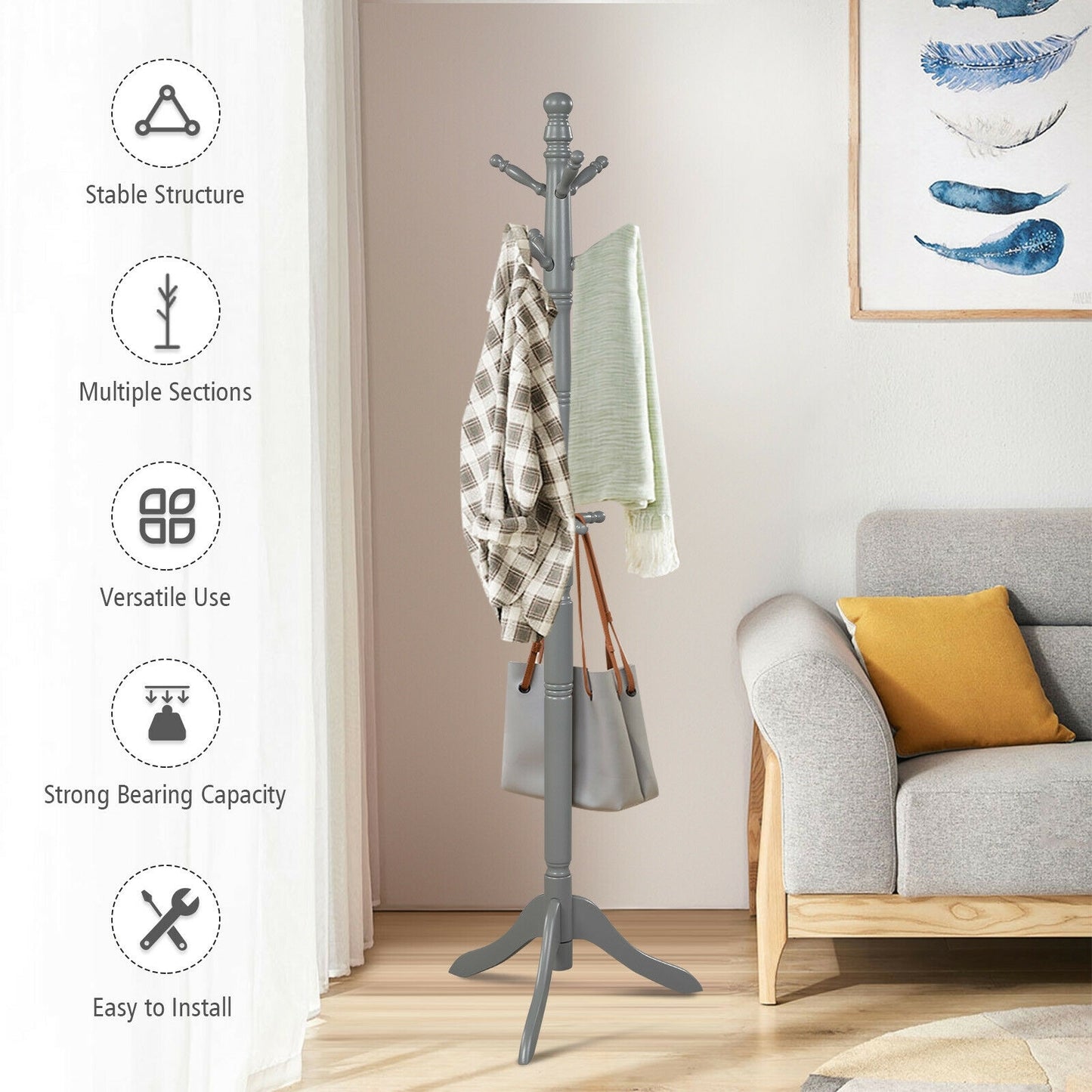Adjustable Freestanding Wooden Coat Tree with 9 Hooks for Entryway or Bedroom - Grey