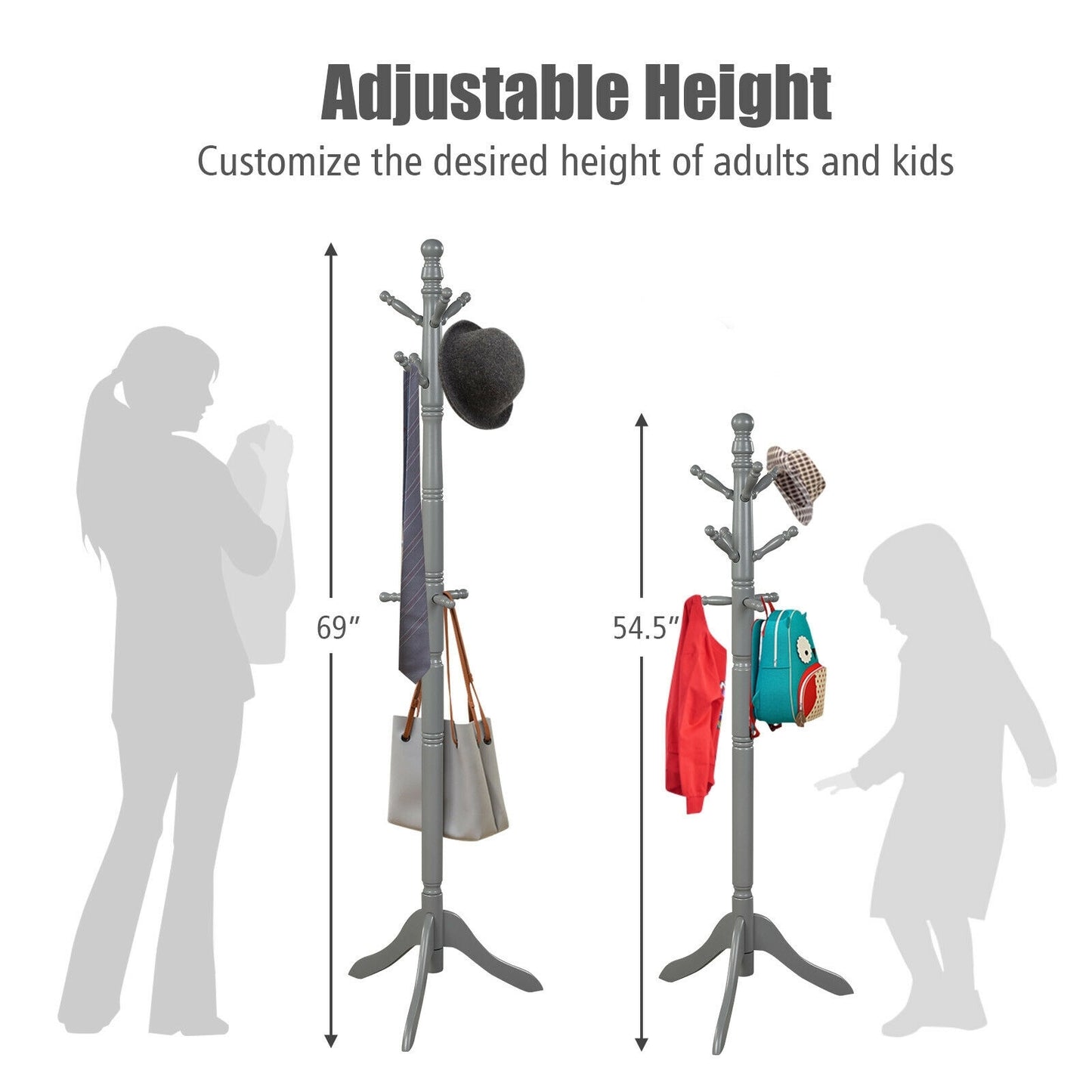 Adjustable Freestanding Wooden Coat Tree with 9 Hooks for Entryway or Bedroom - Grey
