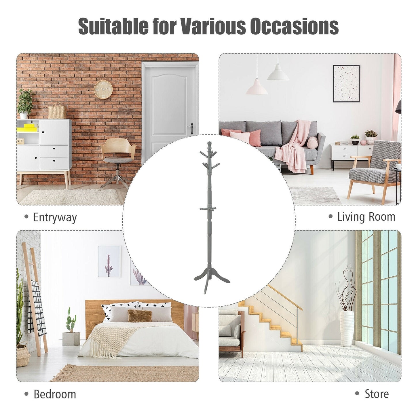 Adjustable Freestanding Wooden Coat Tree with 9 Hooks for Entryway or Bedroom - Grey