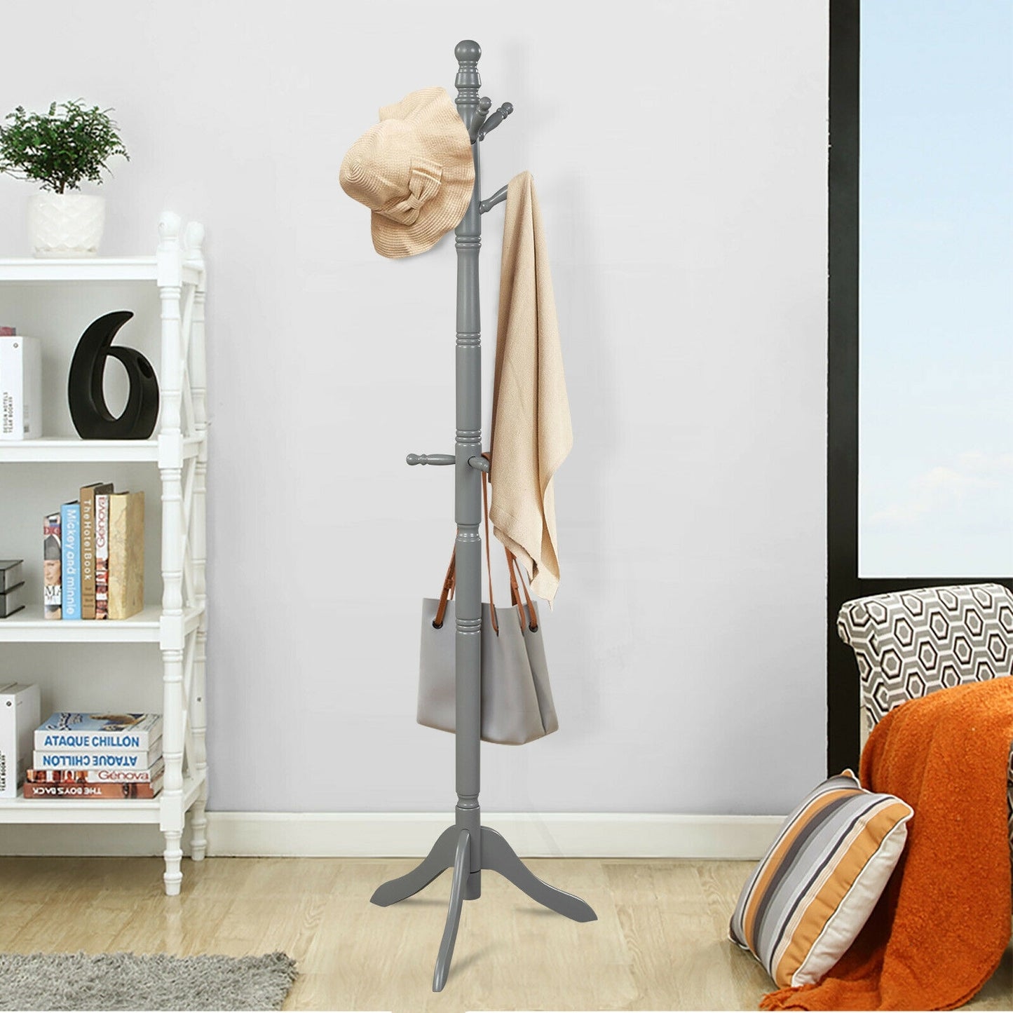 Adjustable Freestanding Wooden Coat Tree with 9 Hooks for Entryway or Bedroom - Grey